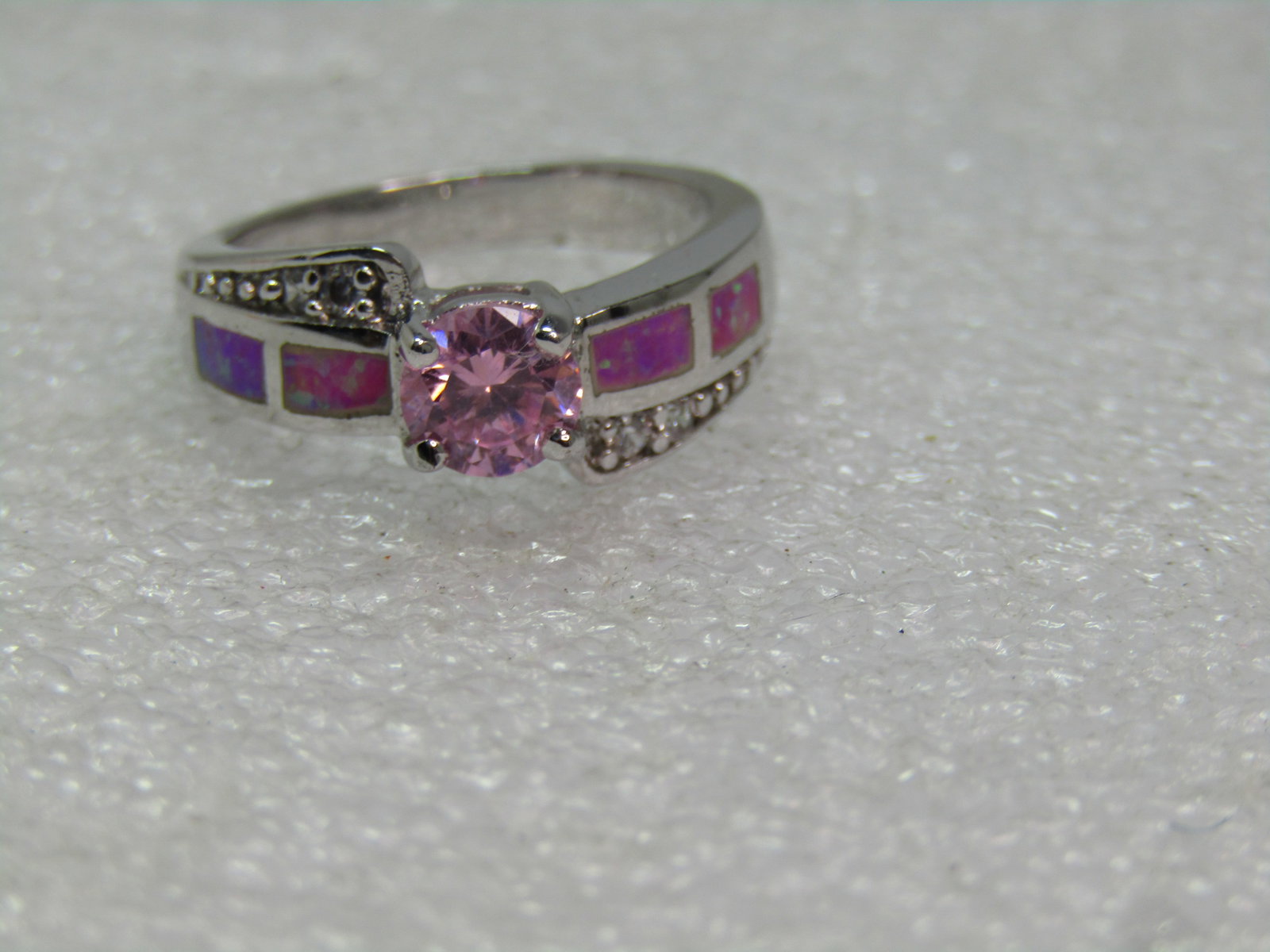 Silver Plated Faux Opal Pink Topaz Ring, Clear Rhinestones, Sz. 6.75, 1990's - 5