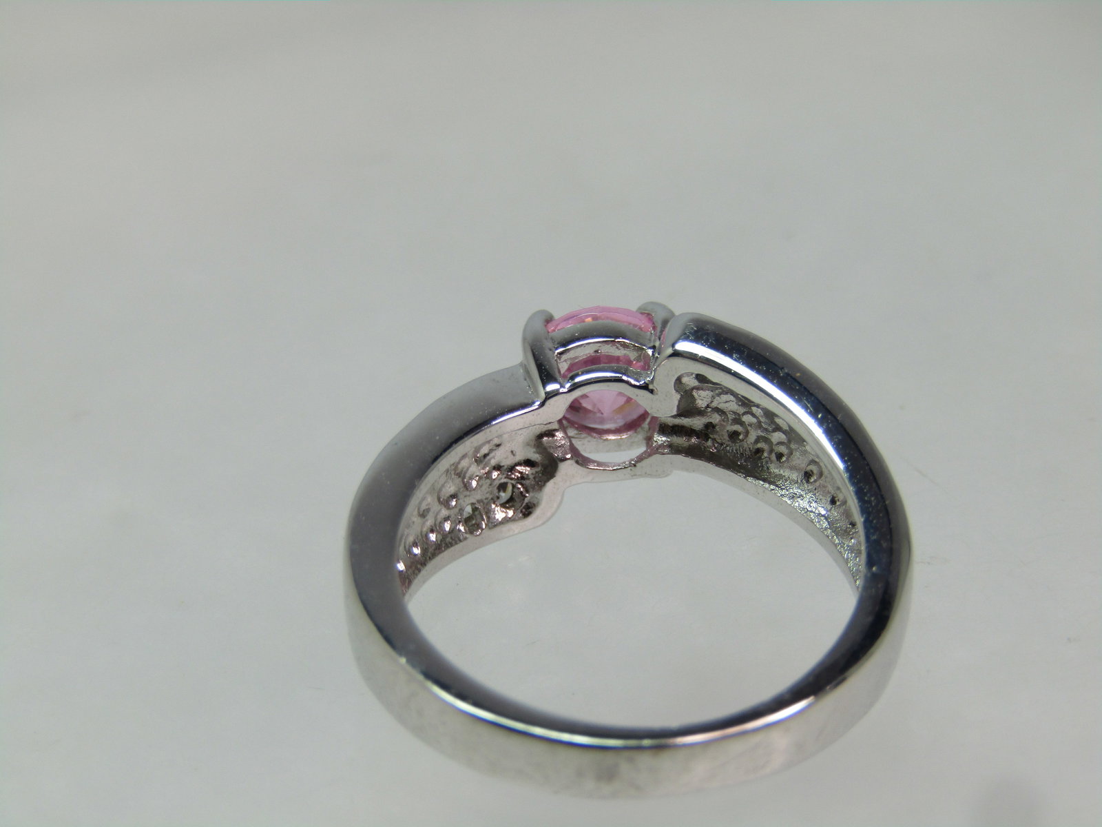 Silver Plated Faux Opal Pink Topaz Ring, Clear Rhinestones, Sz. 6.75, 1990's - 6