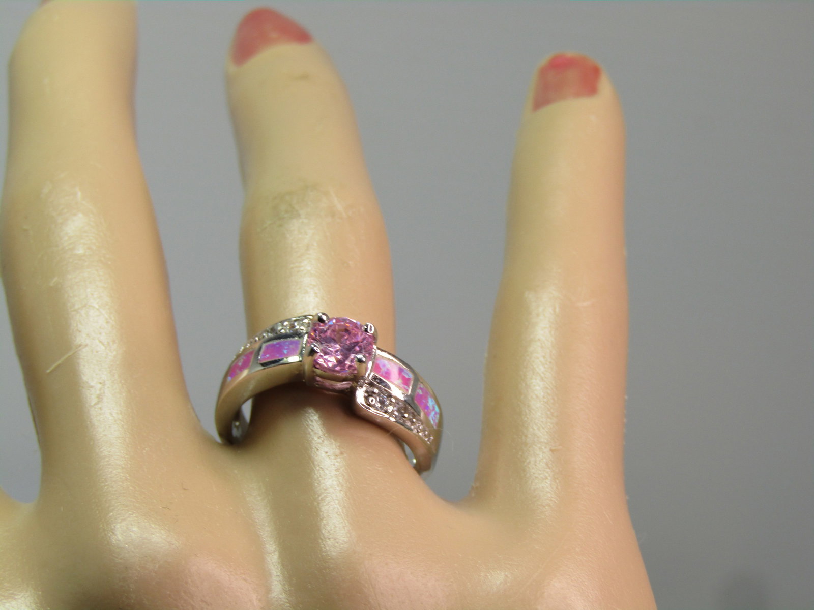 Silver Plated Faux Opal Pink Topaz Ring, Clear Rhinestones, Sz. 6.75, 1990's - 7