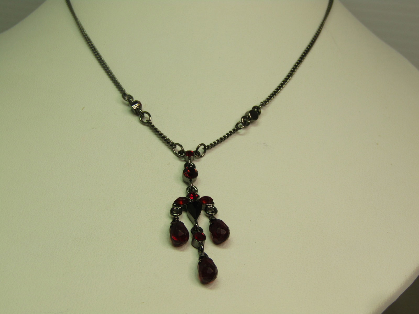 Titanium Tone Garnet Colored Beaded Necklace, 16"-18", 1980's-1990's. Signed - 3