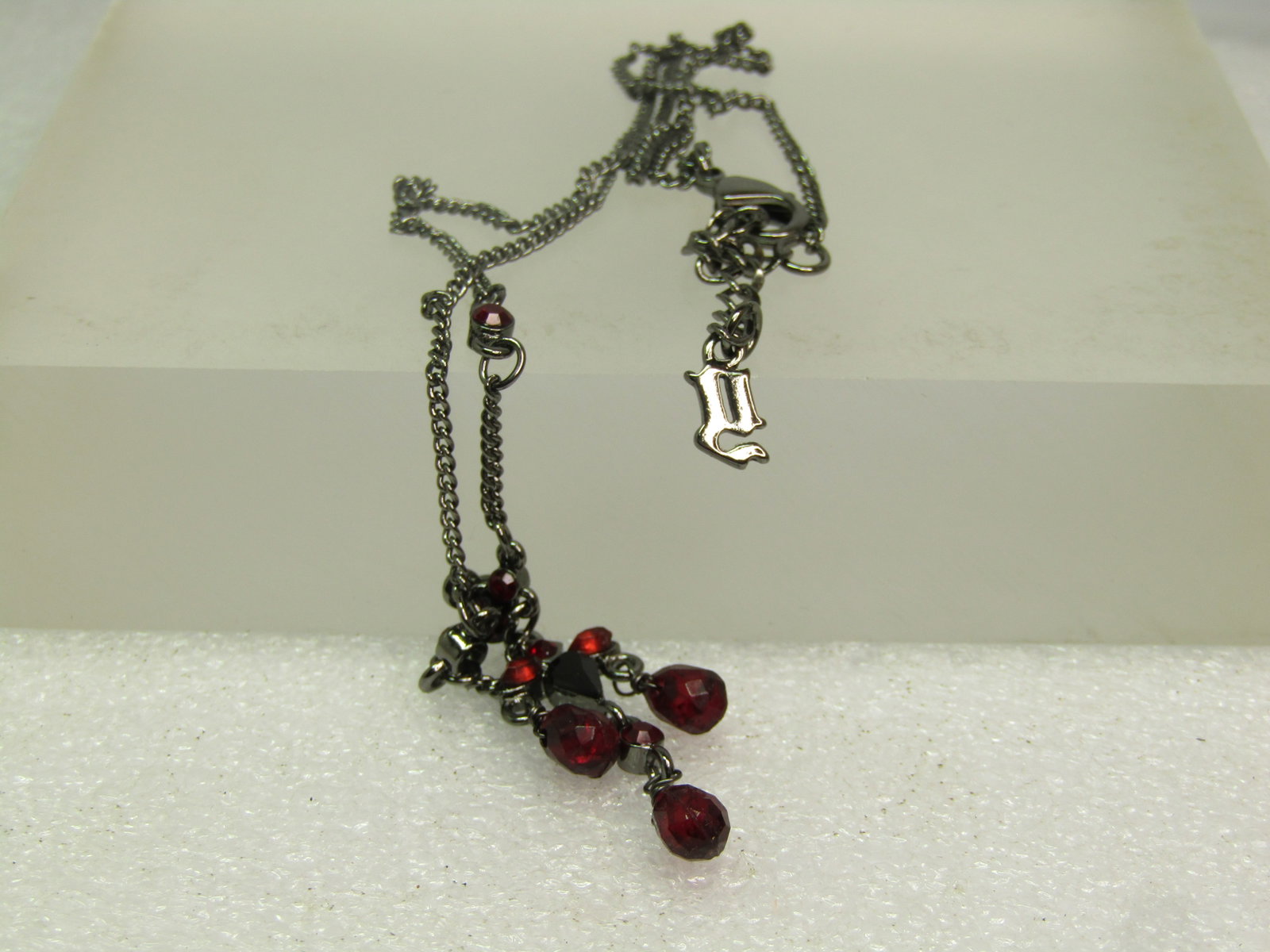 Titanium Tone Garnet Colored Beaded Necklace, 16"-18", 1980's-1990's. Signed - 4