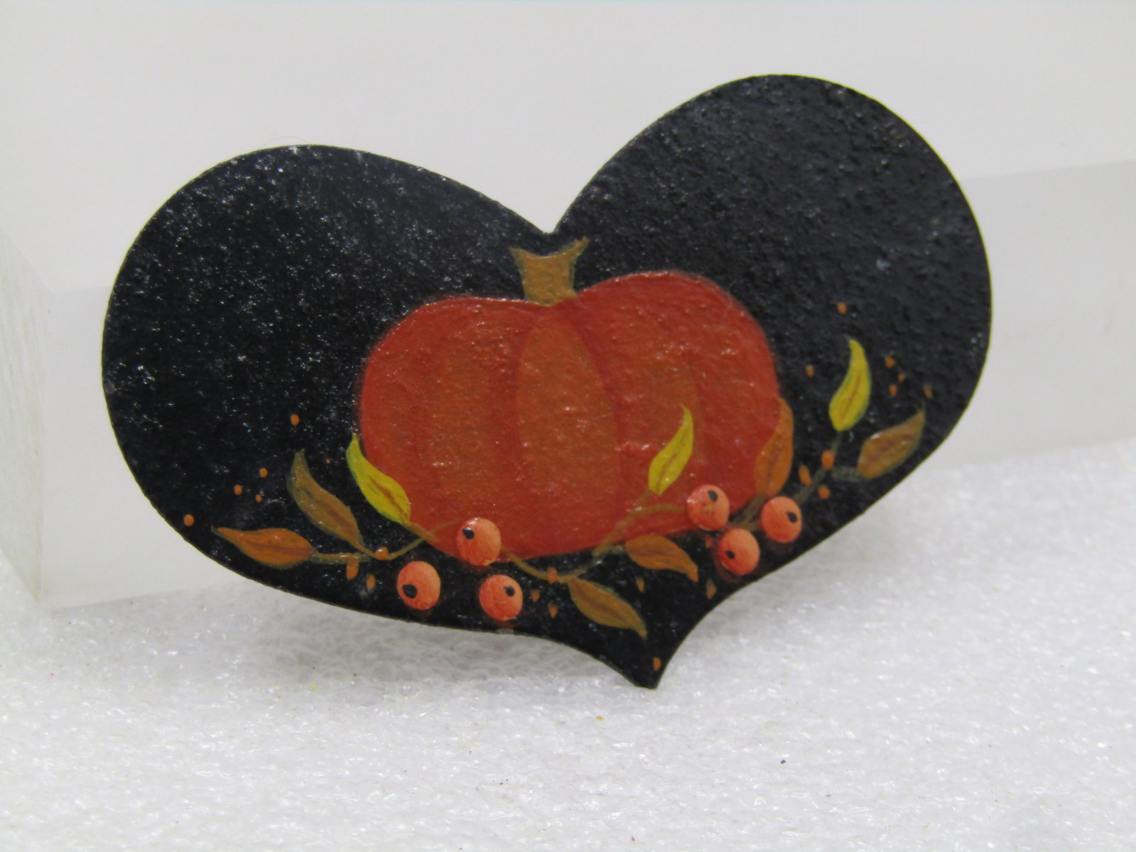 Vintage Tole Painted Pumpkin Heart Brooch, 1970's - 2