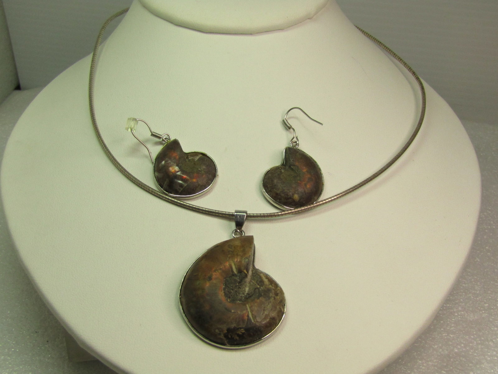 Vintage Ammonite Pendant on Sterling Omega Necklace, Pierced Earrings, 1980's - 2