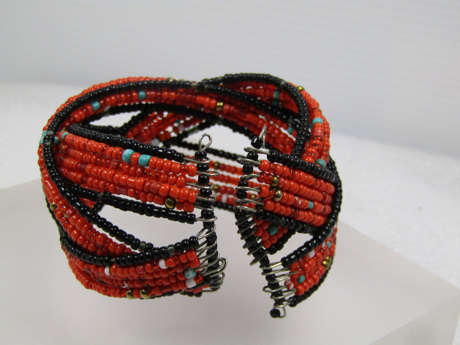 Vintage Orange/Black Seed Beaded Coiled Cuf Bracelet, 1980's, Great for Autumn Too. - 2
