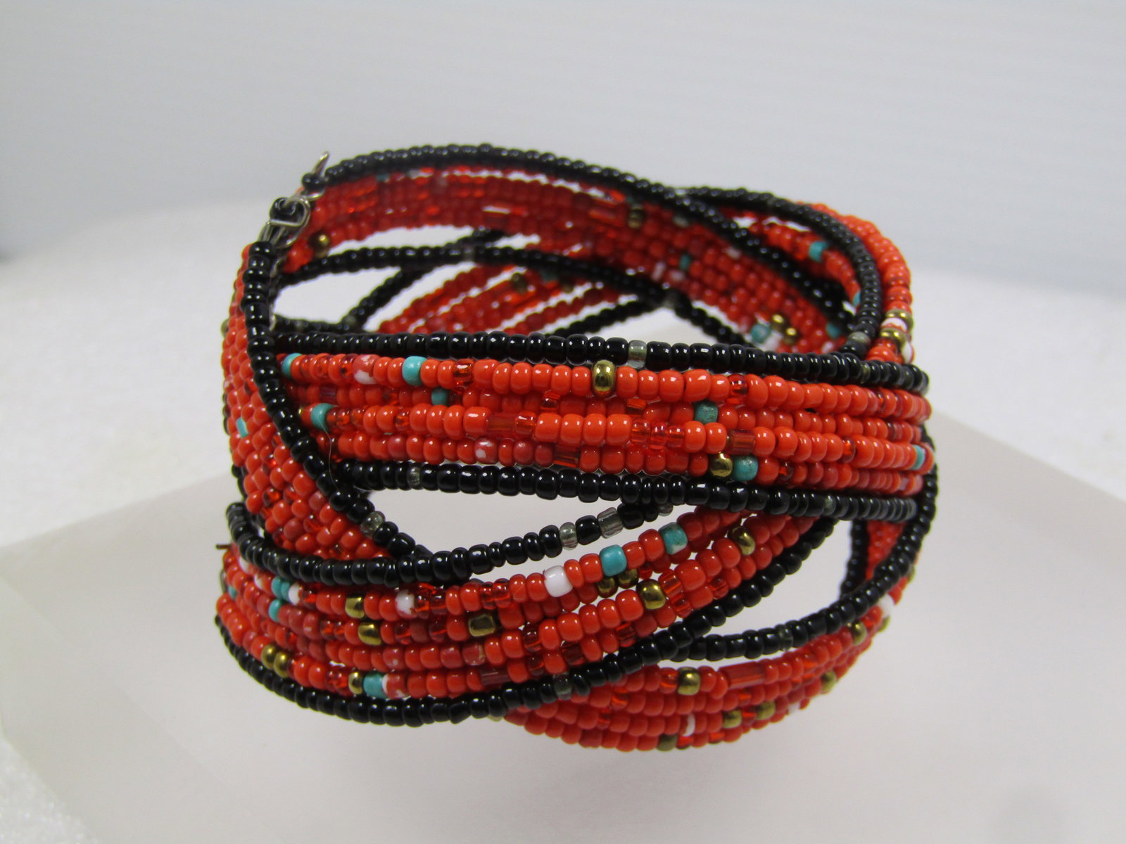 Vintage Orange/Black Seed Beaded Coiled Cuf Bracelet, 1980's, Great for Autumn Too. - 3