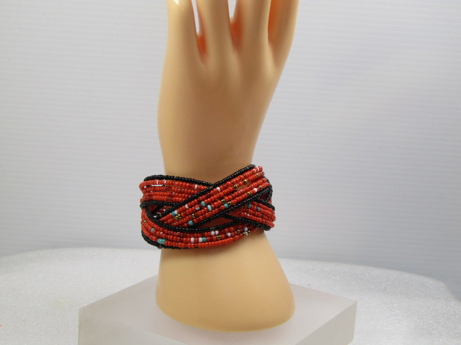 Vintage Orange/Black Seed Beaded Coiled Cuf Bracelet, 1980's, Great for Autumn Too. - 4