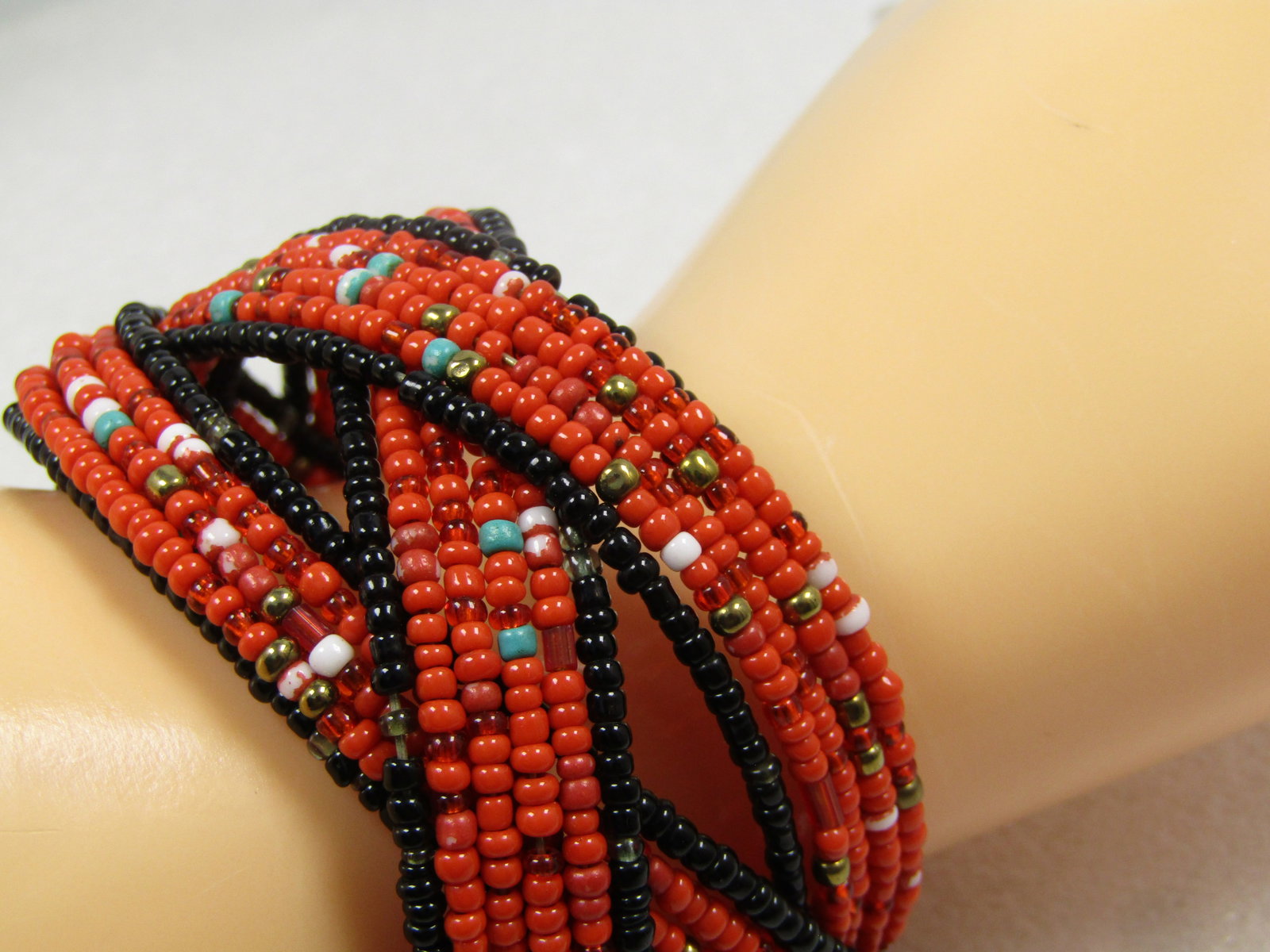 Vintage Orange/Black Seed Beaded Coiled Cuf Bracelet, 1980's, Great for Autumn Too. - 6
