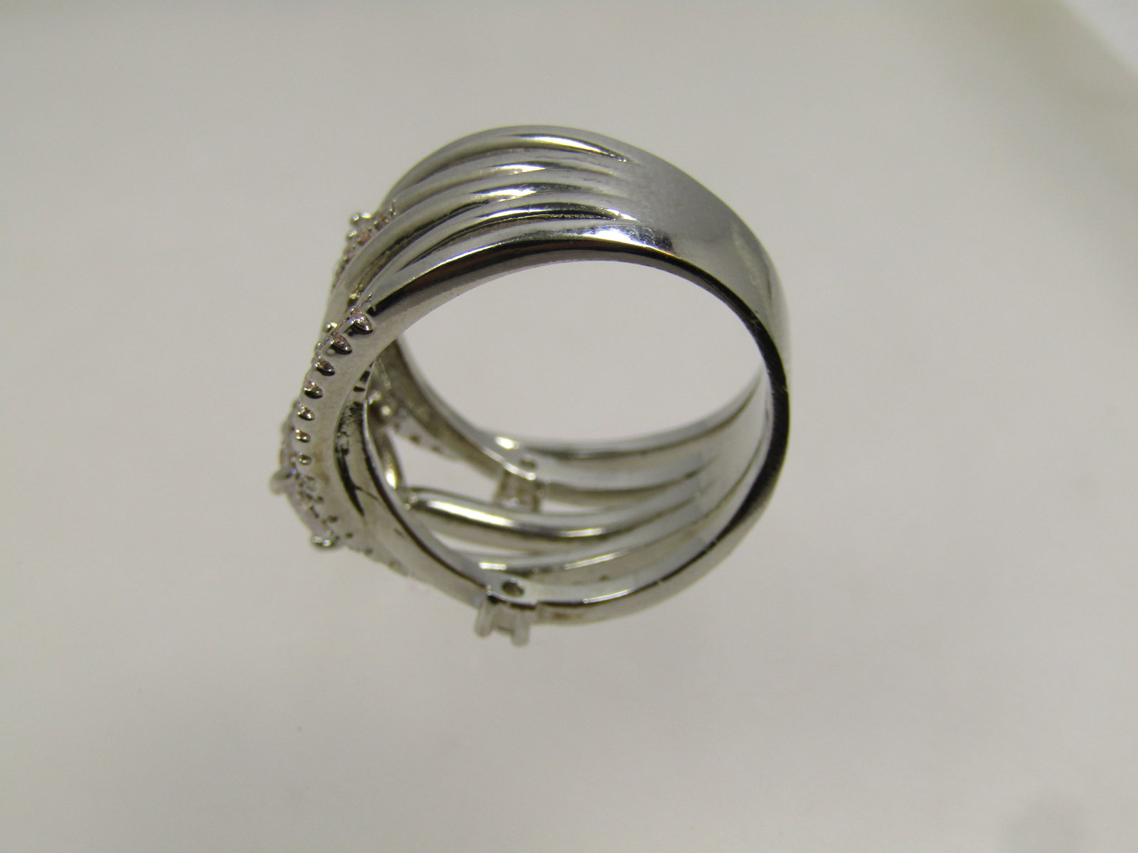 Silver Tone Clear Rhinestone Five Band Crisscross Ring, Sz. 8.5, Modern - 5