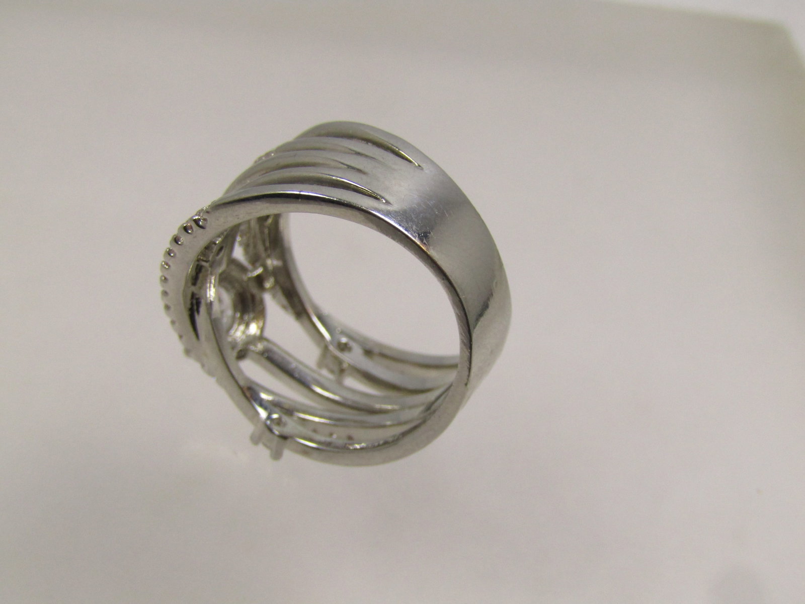 Silver Tone Clear Rhinestone Five Band Crisscross Ring, Sz. 8.5, Modern - 6
