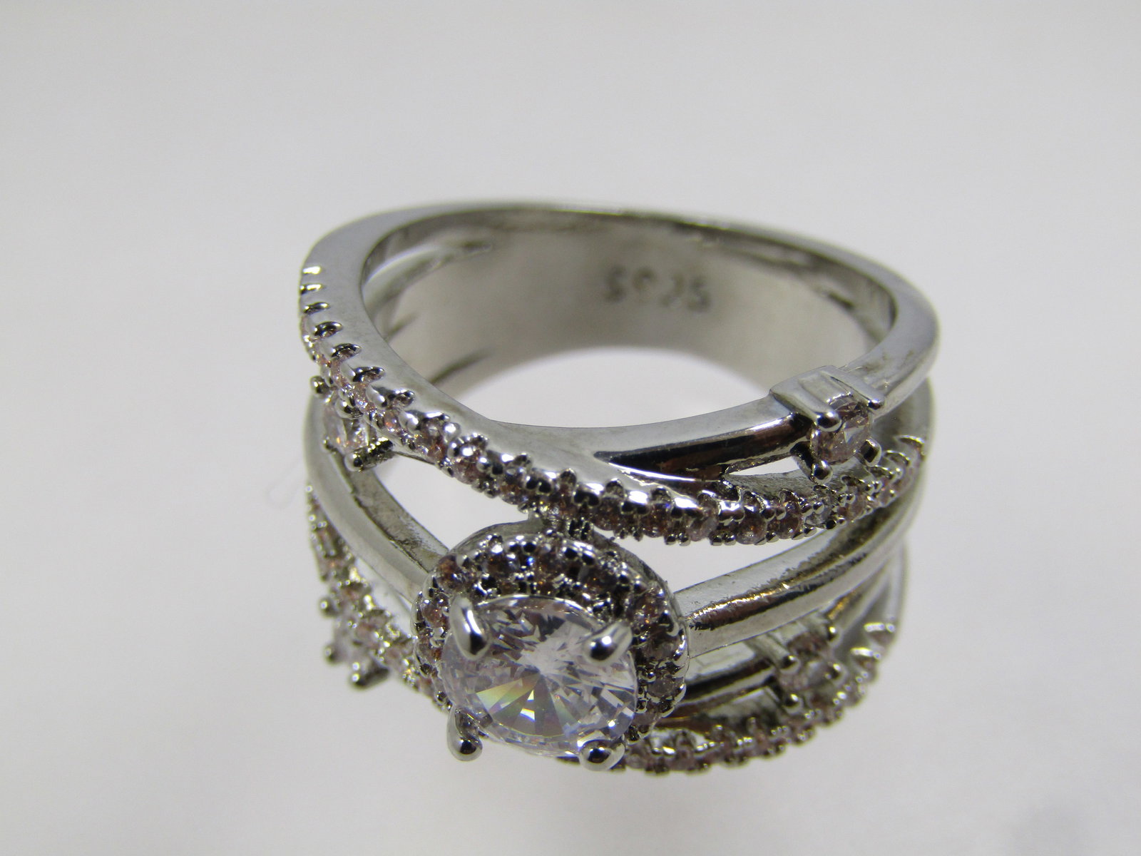 Silver Tone Clear Rhinestone Five Band Crisscross Ring, Sz. 8.5, Modern - 7