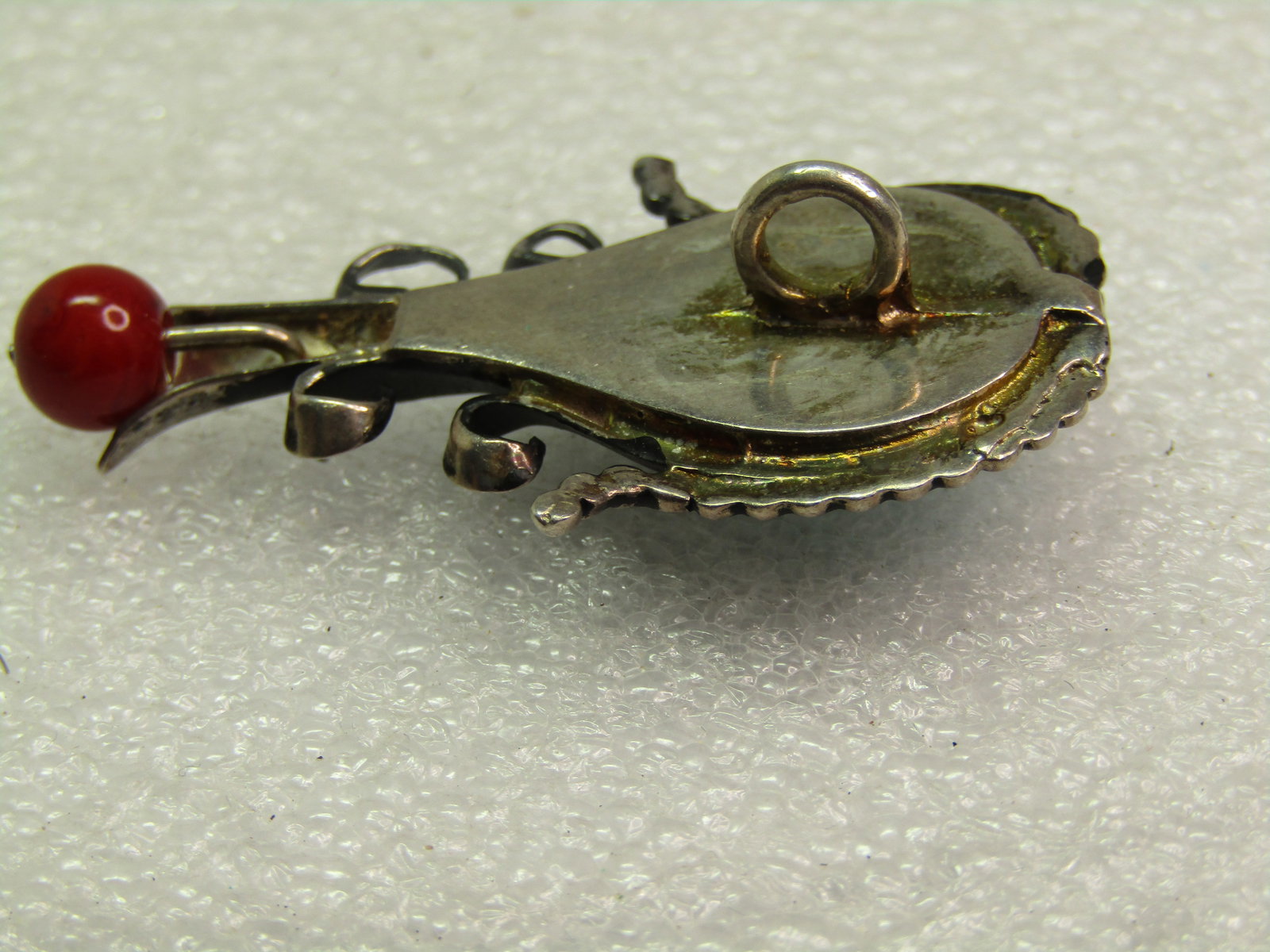 Vintage Sterling Southwestern Squash Blossom Pendant, Faux Turquoise/Coral, 1970's-1980's - 10