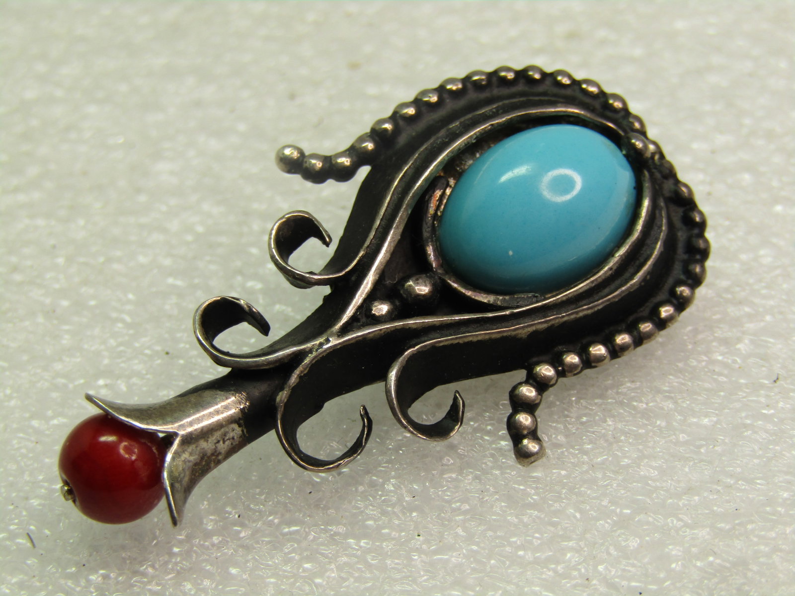 Vintage Sterling Southwestern Squash Blossom Pendant, Faux Turquoise/Coral, 1970's-1980's - 11