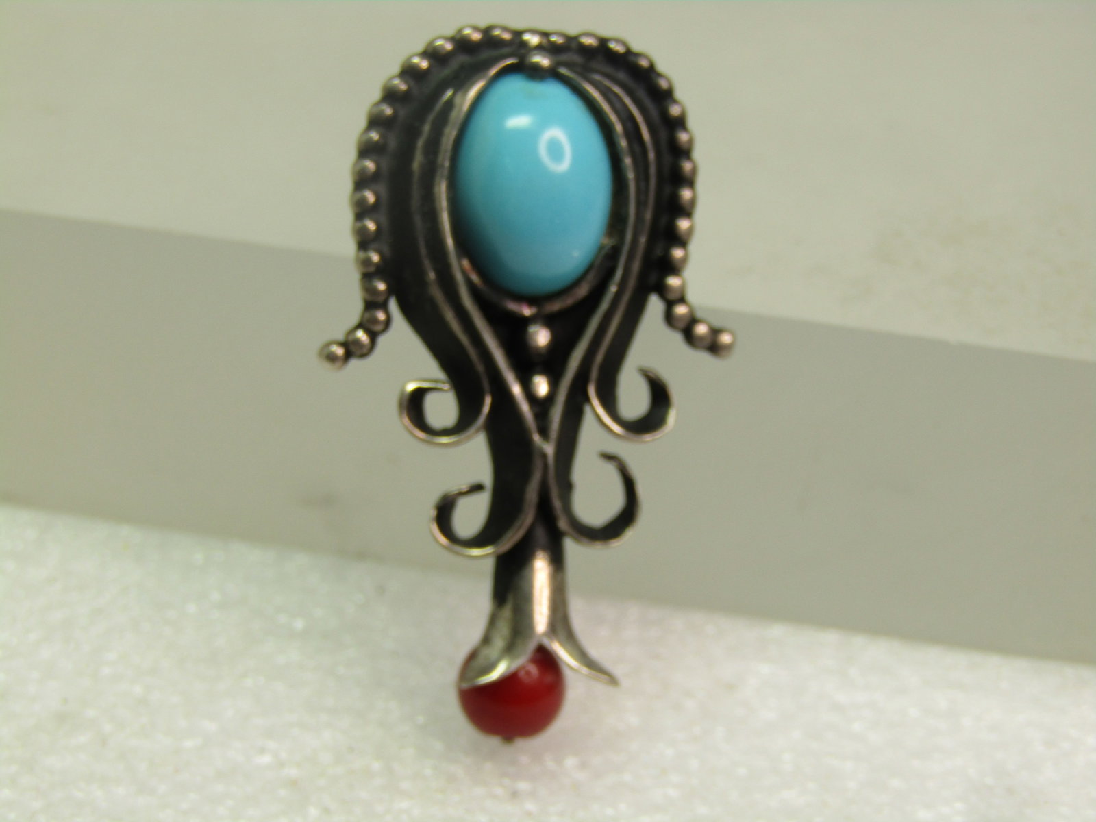 Vintage Sterling Southwestern Squash Blossom Pendant, Faux Turquoise/Coral, 1970's-1980's: Vintage Sterling Southwestern Squash Blossom Pendant, Faux Turquoise/Coral, 1970's-1980's. This is appx. 1.75" tall and 1-1/8" wide. It tests as sterling with a weight of appx. 9.78 grams. It has an o
