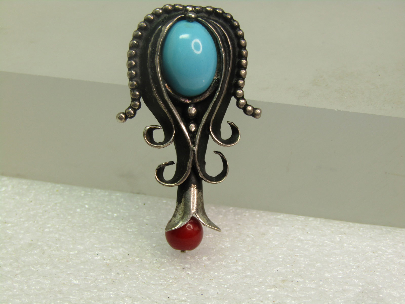 Vintage Sterling Southwestern Squash Blossom Pendant, Faux Turquoise/Coral, 1970's-1980's - 4