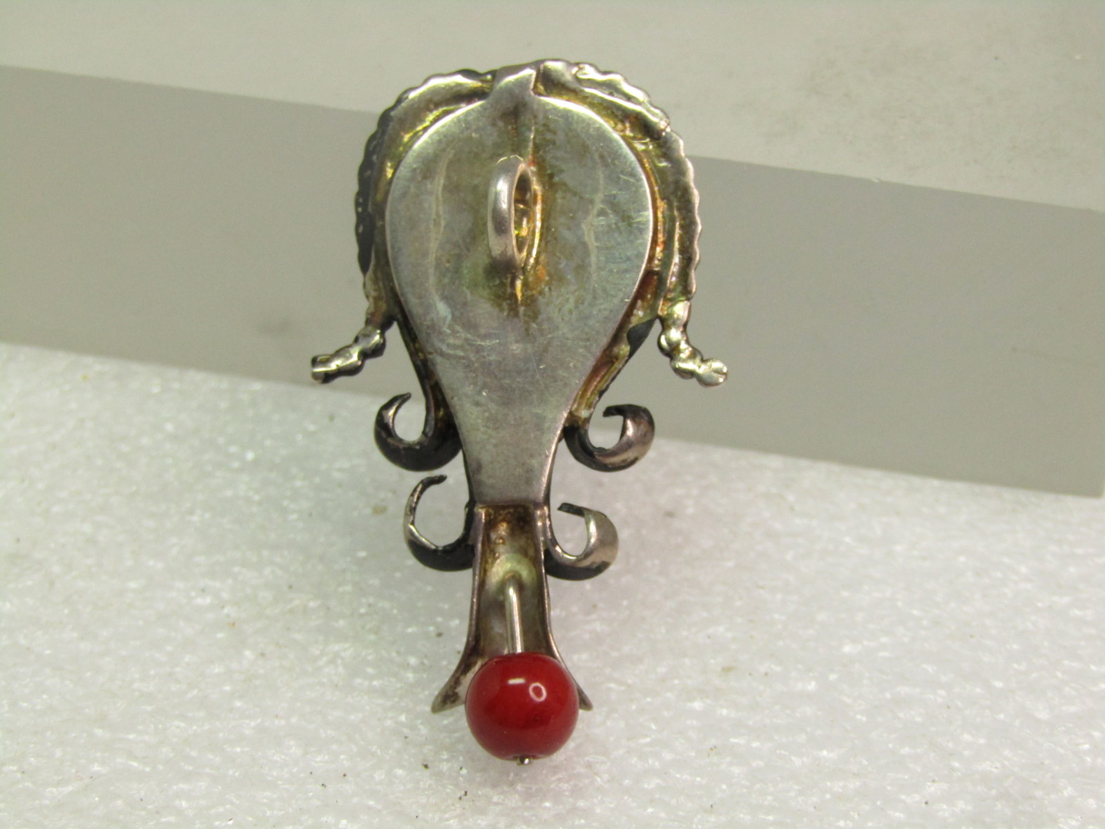 Vintage Sterling Southwestern Squash Blossom Pendant, Faux Turquoise/Coral, 1970's-1980's - 6