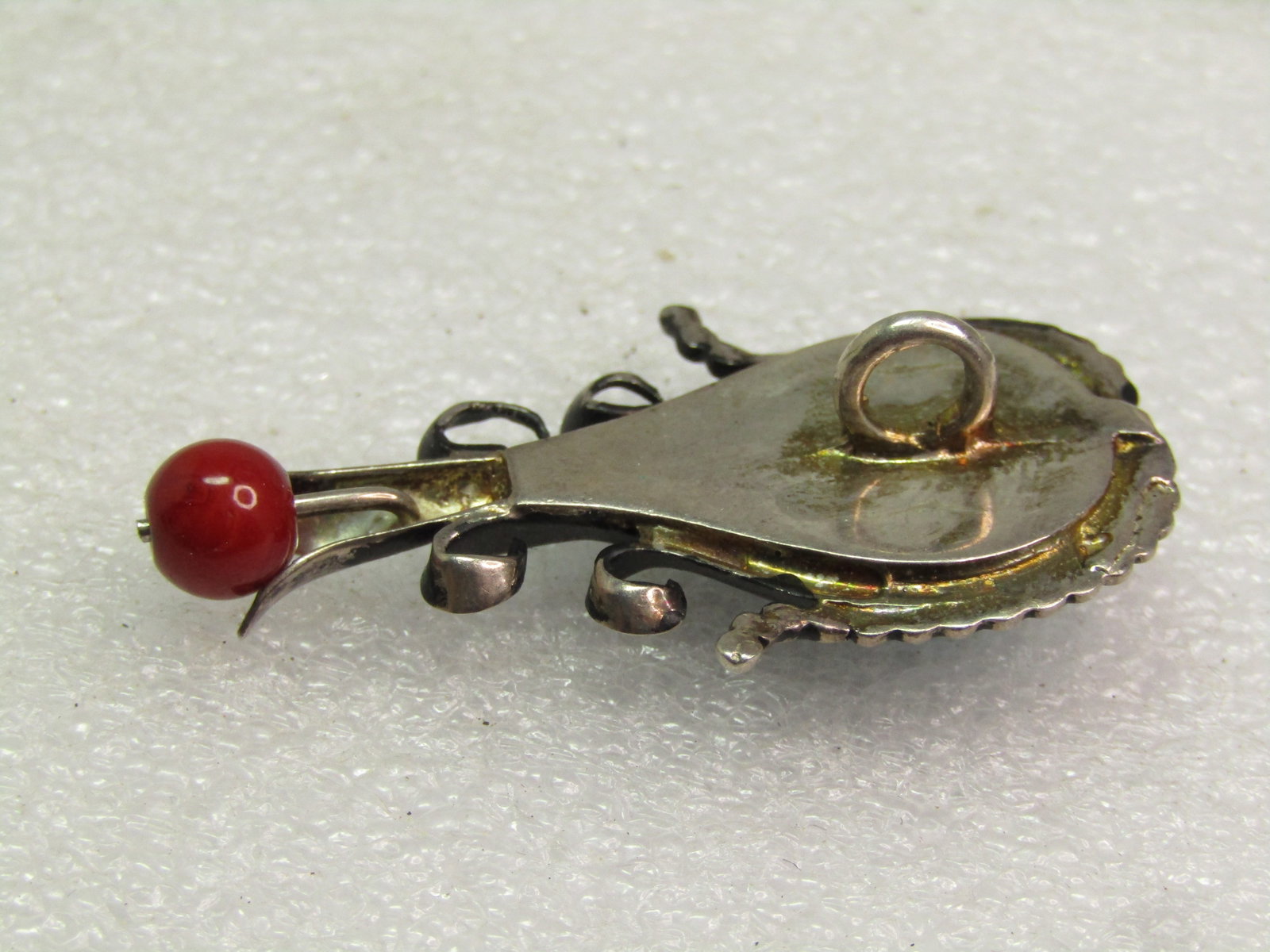 Vintage Sterling Southwestern Squash Blossom Pendant, Faux Turquoise/Coral, 1970's-1980's - 7