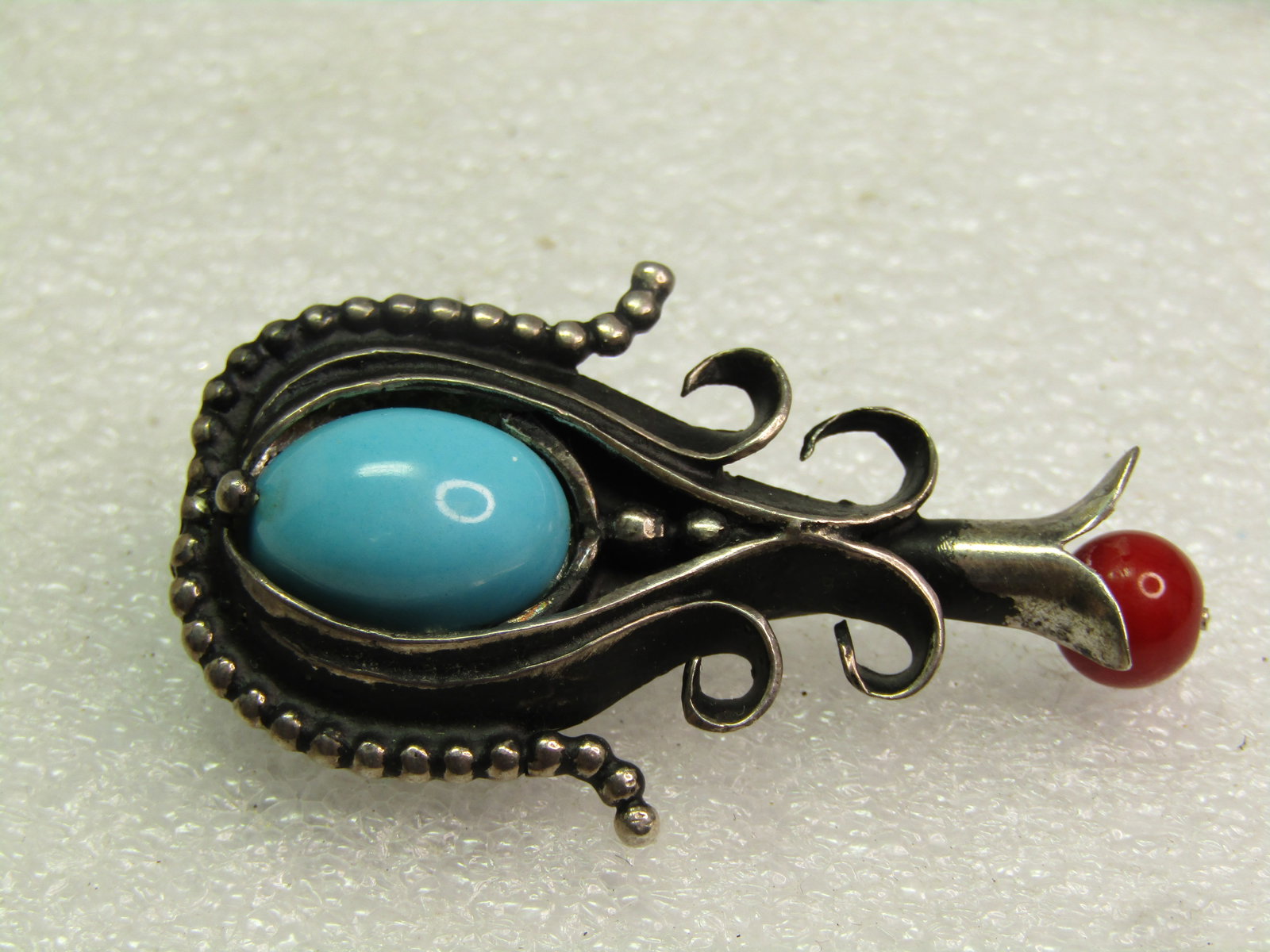 Vintage Sterling Southwestern Squash Blossom Pendant, Faux Turquoise/Coral, 1970's-1980's - 8