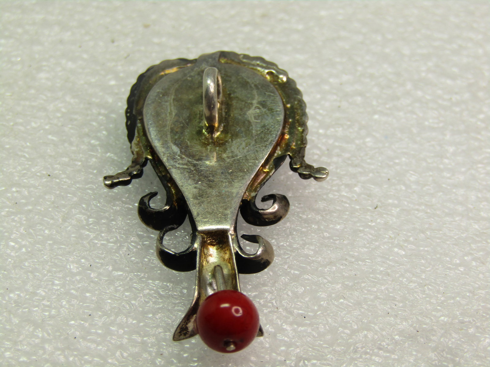 Vintage Sterling Southwestern Squash Blossom Pendant, Faux Turquoise/Coral, 1970's-1980's - 9