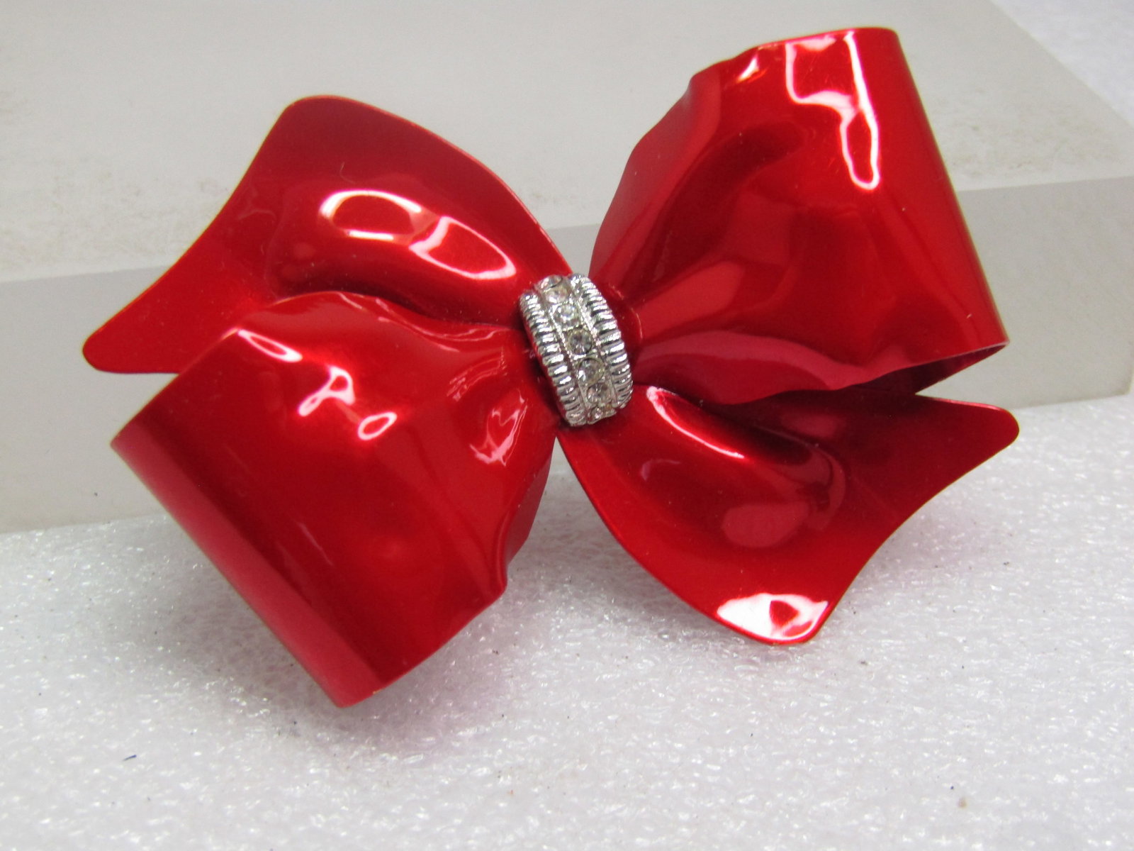 Vintage Red Enameled Bow Brooch, Clear Rhinestones, 1980's - 2