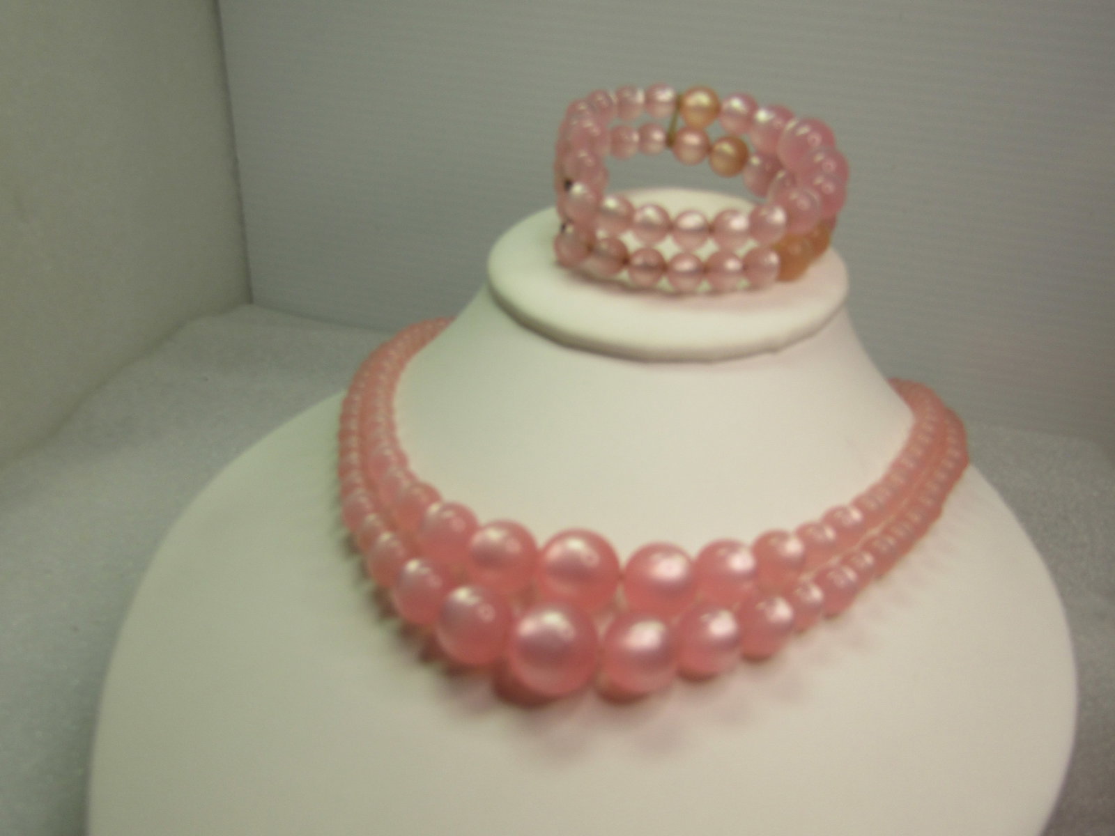 Vintage Necklace & Bracelet Set - mid-century, double strand pink faux moonstone necklace and coiled - 2