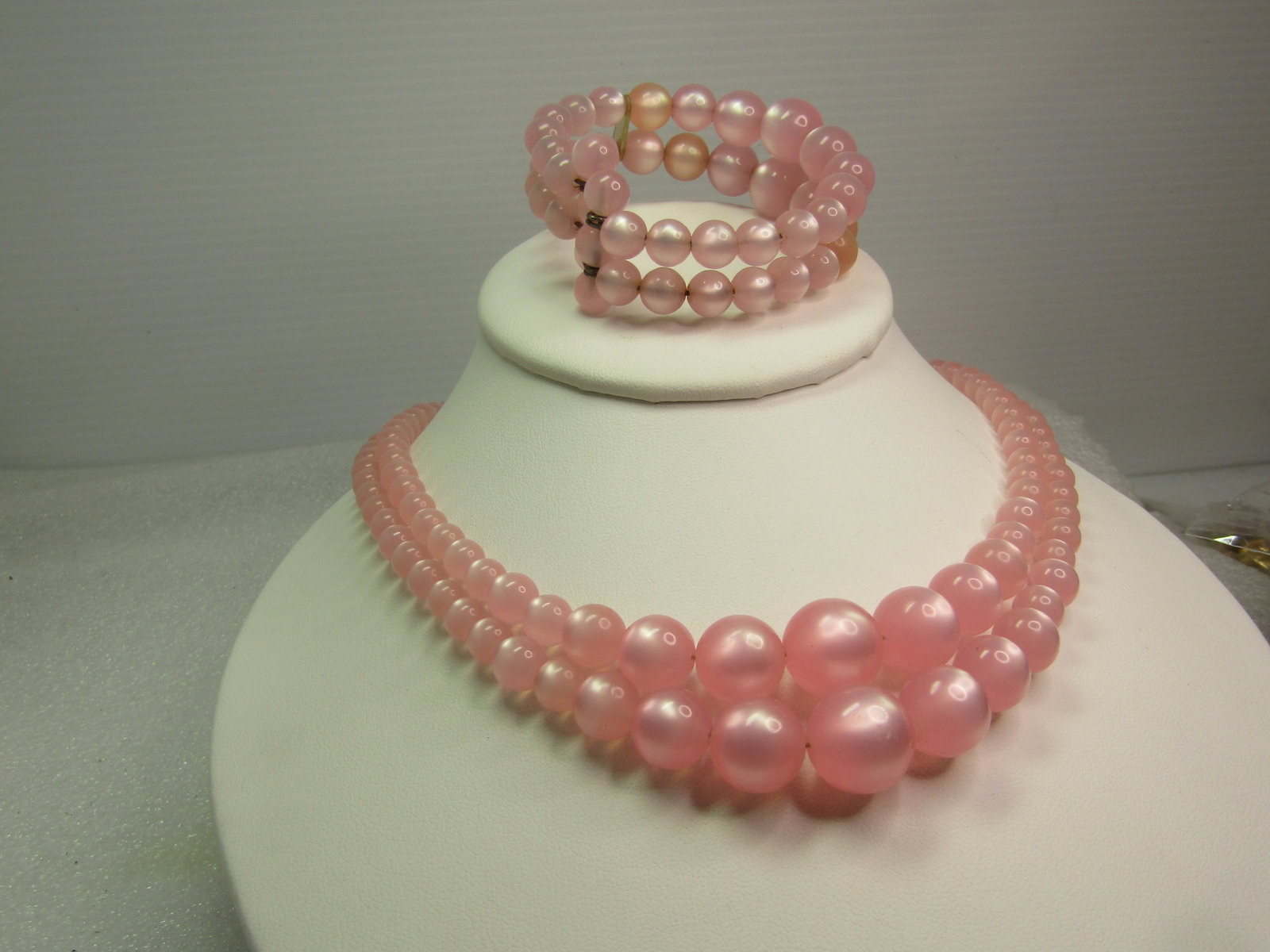 Vintage Necklace & Bracelet Set - mid-century, double strand pink faux moonstone necklace and coiled - 3