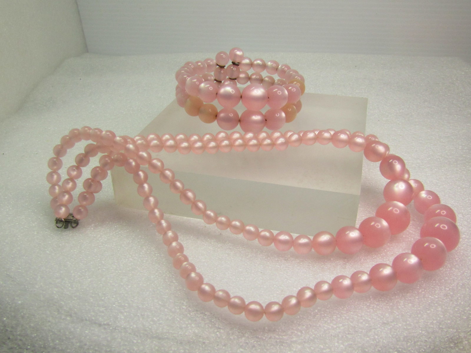 Vintage Necklace & Bracelet Set - mid-century, double strand pink faux moonstone necklace and coiled - 4