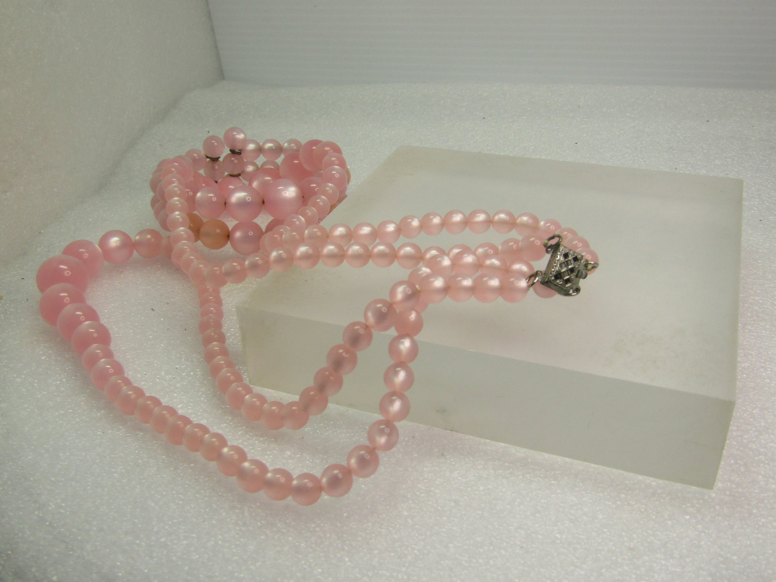 Vintage Necklace & Bracelet Set - mid-century, double strand pink faux moonstone necklace and coiled - 5