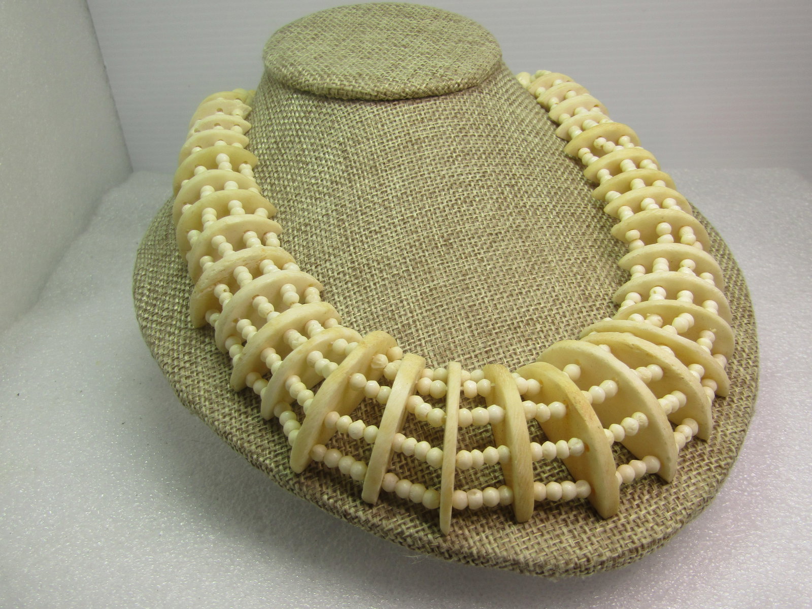 Vintage Carved & Beaded Bone Necklace, Five Strands, 19", 1980's, Tribal - 2