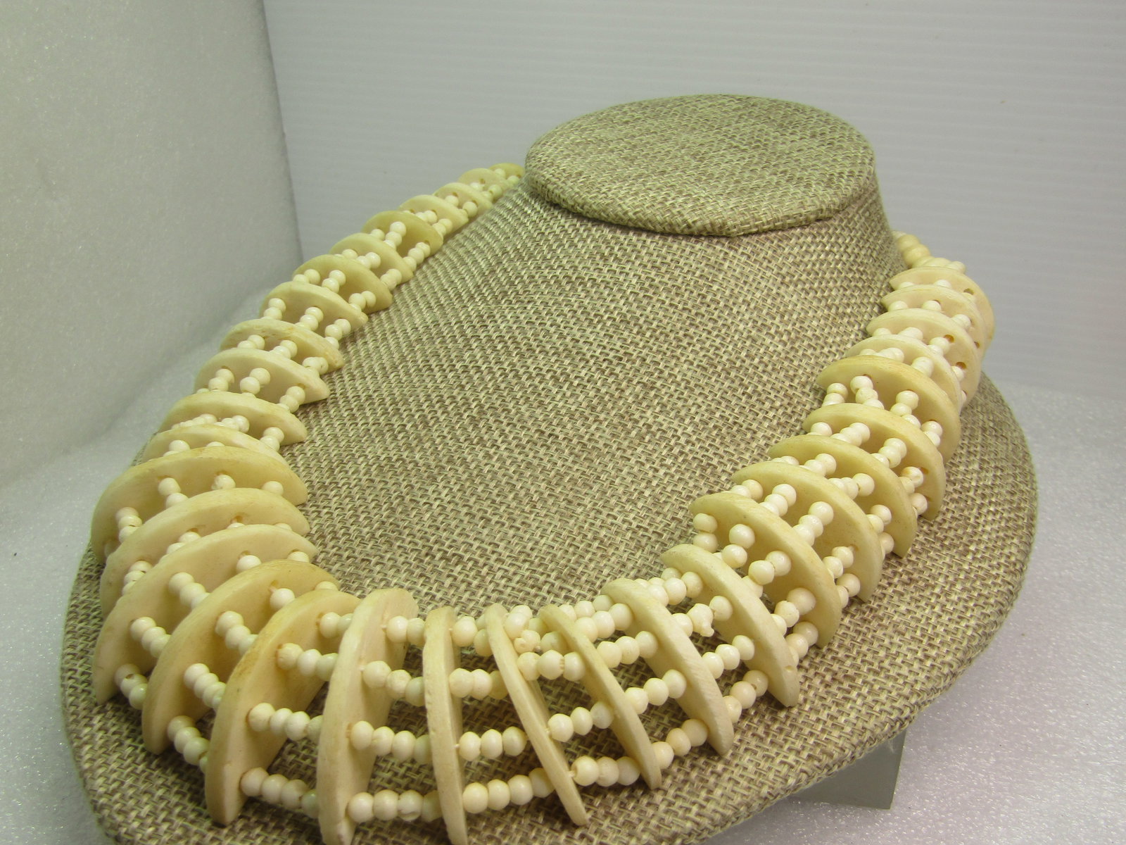 Vintage Carved & Beaded Bone Necklace, Five Strands, 19", 1980's, Tribal - 3
