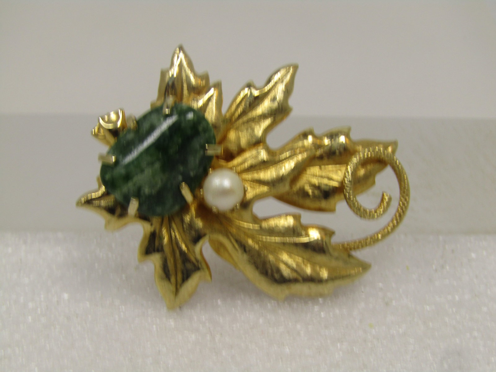 Vintage Green Agate Faux Pearl Leaf Brooch, 1960's-1970's - 2