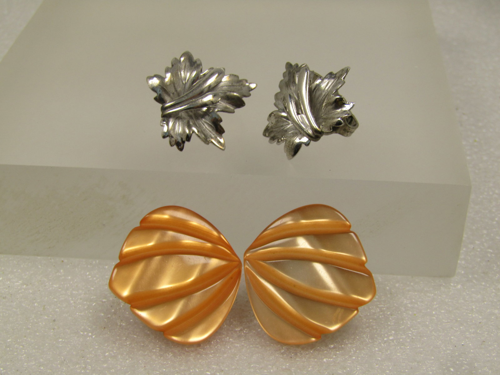 Vintage Sterling Leaf & Orange Thermoset Earrings, Clip, 2 Pr. 1950's-1960's: Vintage Sterling Leaf & Orange Thermoset Earrings, Clip, 2 Pr. 1950's-1960's. Great for Autumn. A pair of sterling maple leaves with a double rounded accent coming from the bottom over the leaf which 