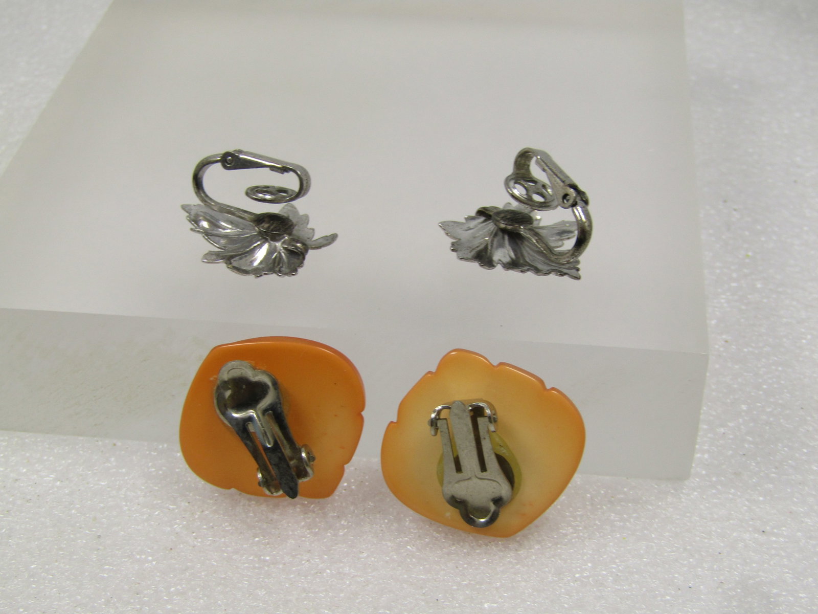 Vintage Sterling Leaf & Orange Thermoset Earrings, Clip, 2 Pr. 1950's-1960's - 2