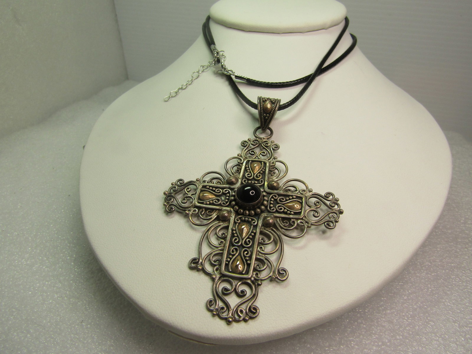 Vintage Sterling 18kt Filigree Cross Pendant/Necklace, Bali Indonesia, 26", 1980's-1990's: Vintage Sterling 18kt Filigree Cross Pendant/Necklace, Bali Indonesia, 26", 1980's-1990's. It is signed BA 925 Sterling Bali Indonesia & 18k Gold. It is a large statement cross with lots of open work 