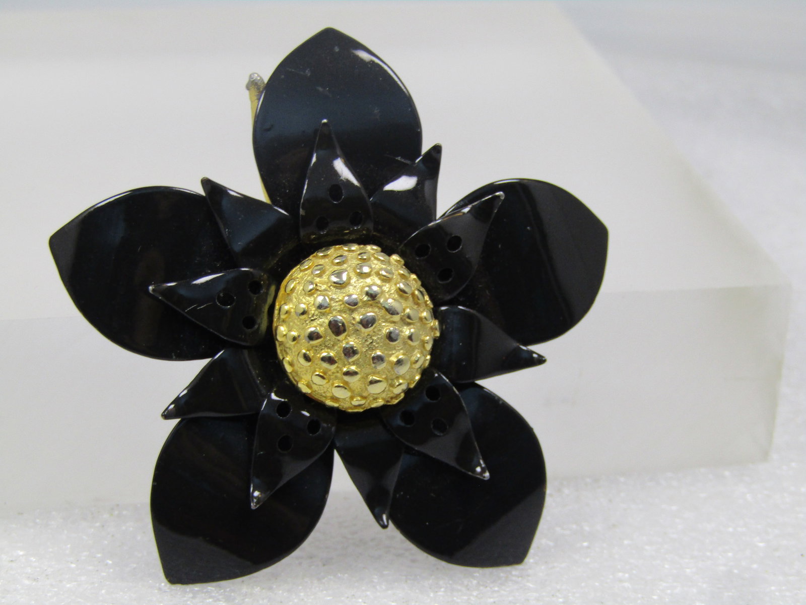 Vintage Black Enameled Floral Brooch, 1960's, Appx. 2" - 2