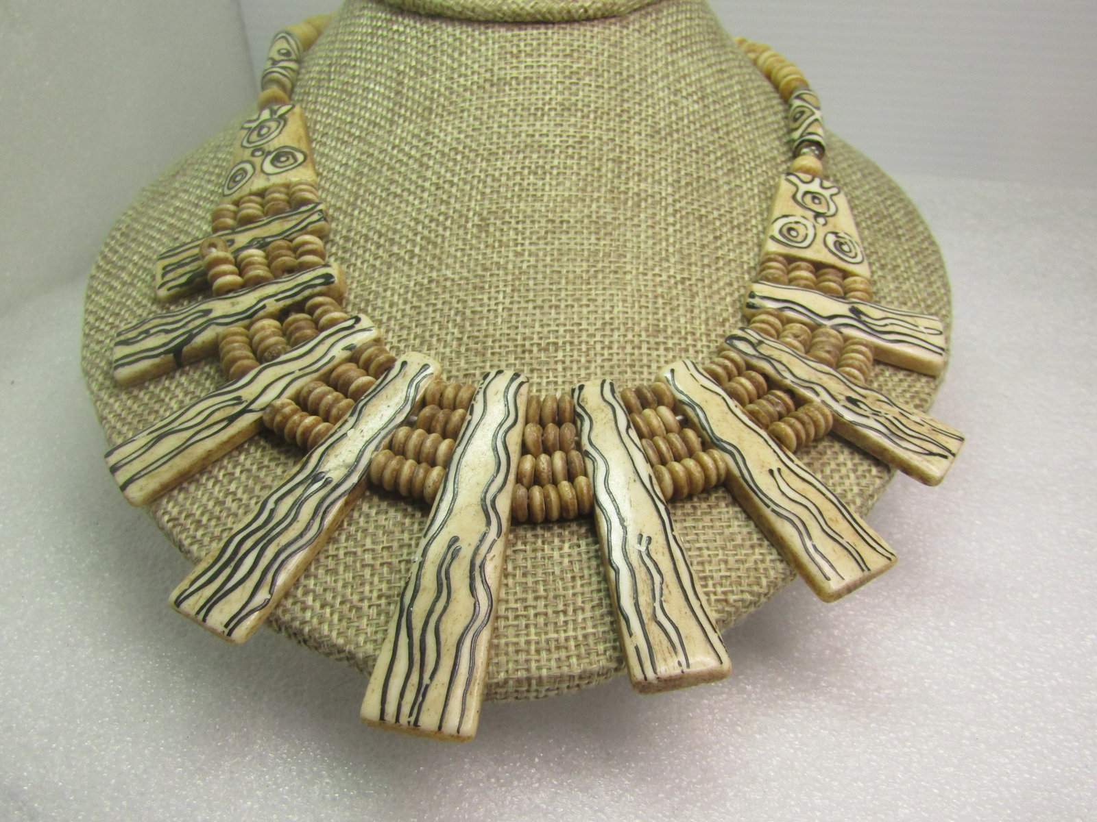 Vintage Painted Bone Beaded Necklace, Tribal, 18", 1970's-1980's - 2