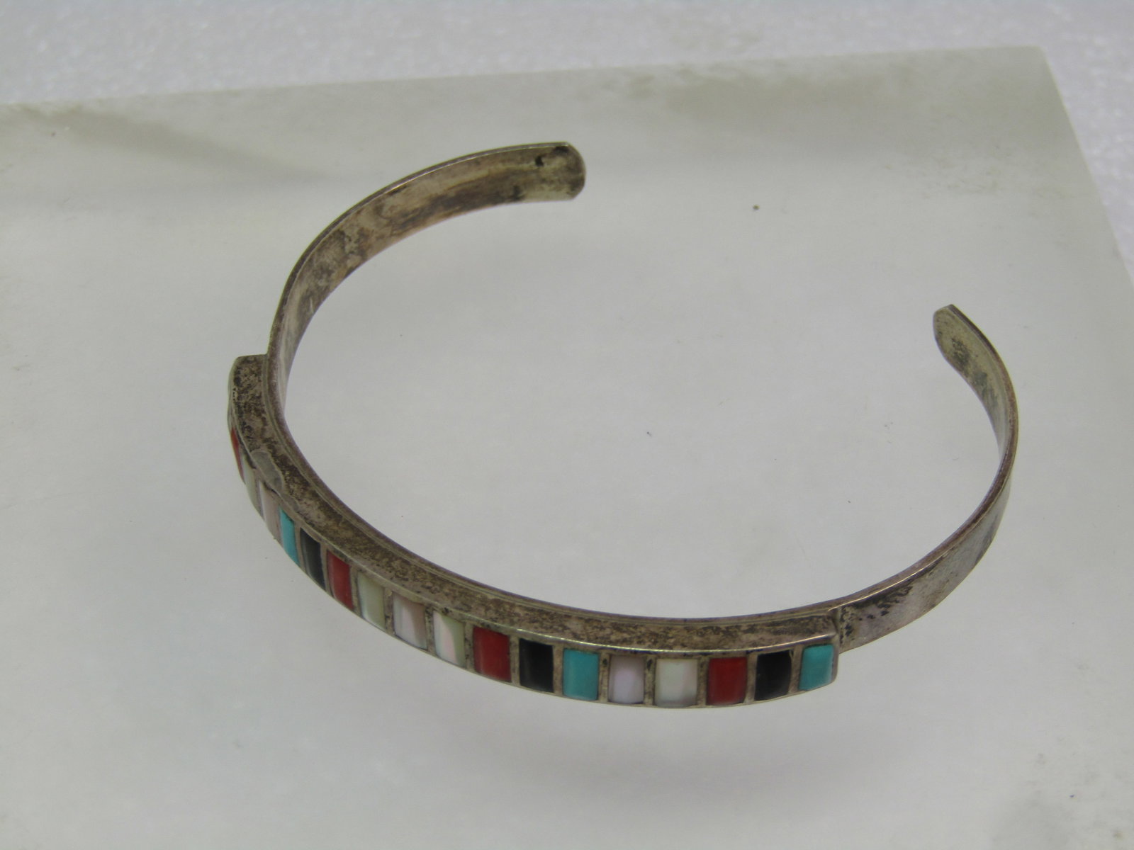 Vintage Sterling Southwestern Inlaid Cuff Bracelet, Mixed Stones, 6.75", 1970's - 5