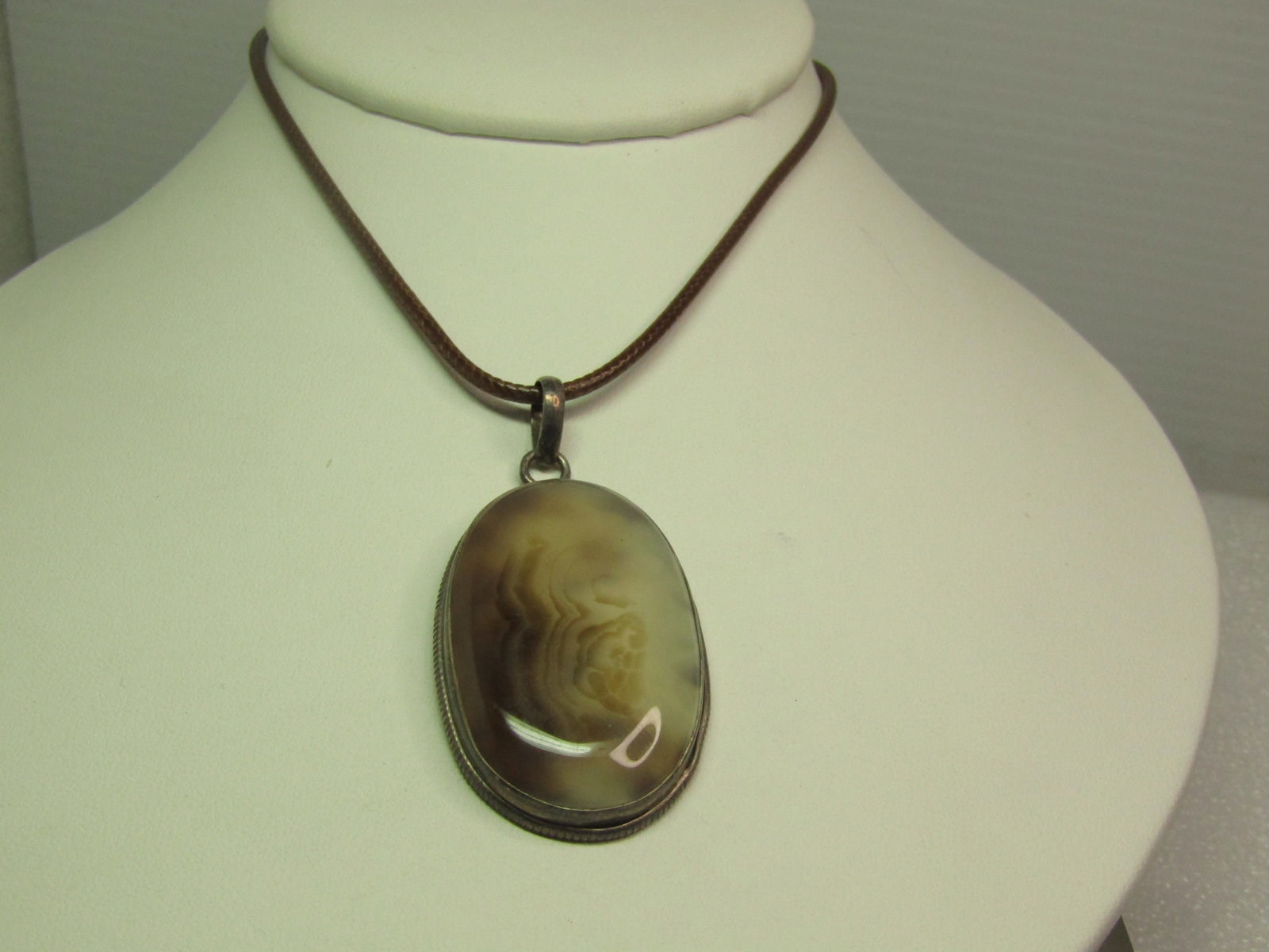 Vintage Sterling Brown/White Agate Pendant, on Brown Cord Necklace, 18"-20", 1970's-1980's, - 4
