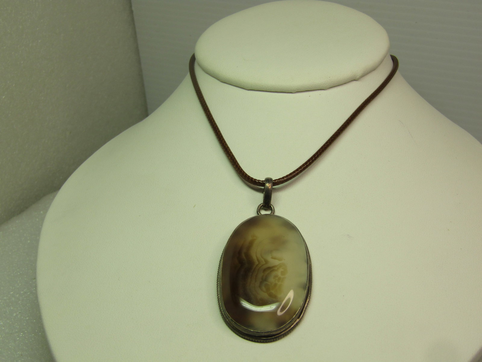 Vintage Sterling Brown/White Agate Pendant, on Brown Cord Necklace, 18"-20", 1970's-1980's, - 5