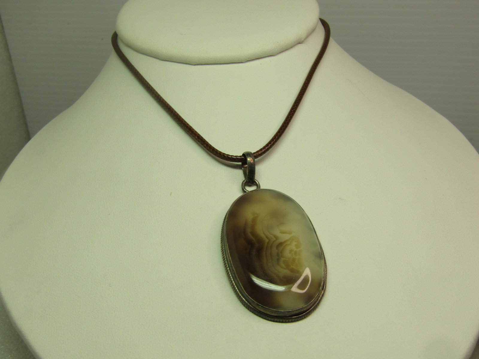 Vintage Sterling Brown/White Agate Pendant, on Brown Cord Necklace, 18"-20", 1970's-1980's, - 6