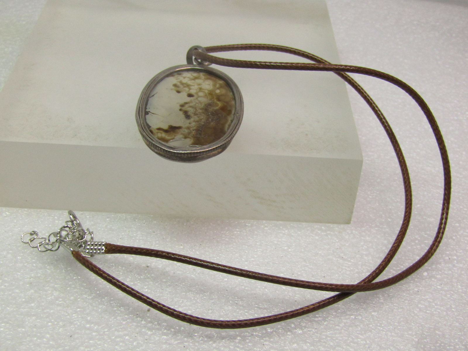 Vintage Sterling Brown/White Agate Pendant, on Brown Cord Necklace, 18"-20", 1970's-1980's, - 7