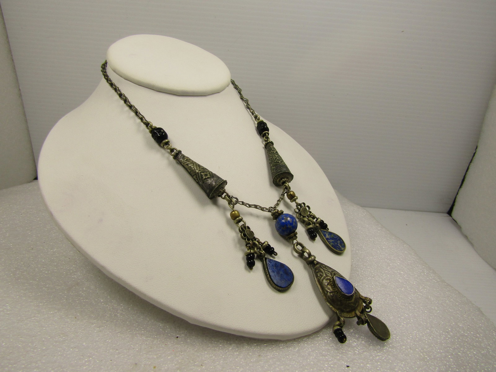 Vintage Sodalite Onyx Dangle Necklace, 15", Afghan/Berber/Etnic Appeal, 1940's-1960's - 3