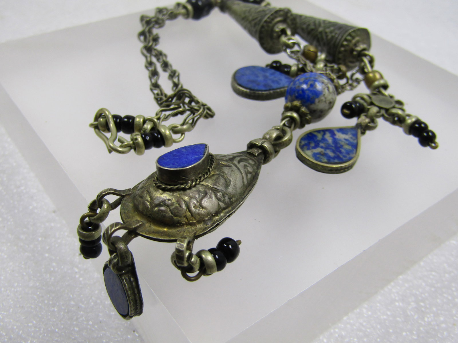 Vintage Sodalite Onyx Dangle Necklace, 15", Afghan/Berber/Etnic Appeal, 1940's-1960's - 5