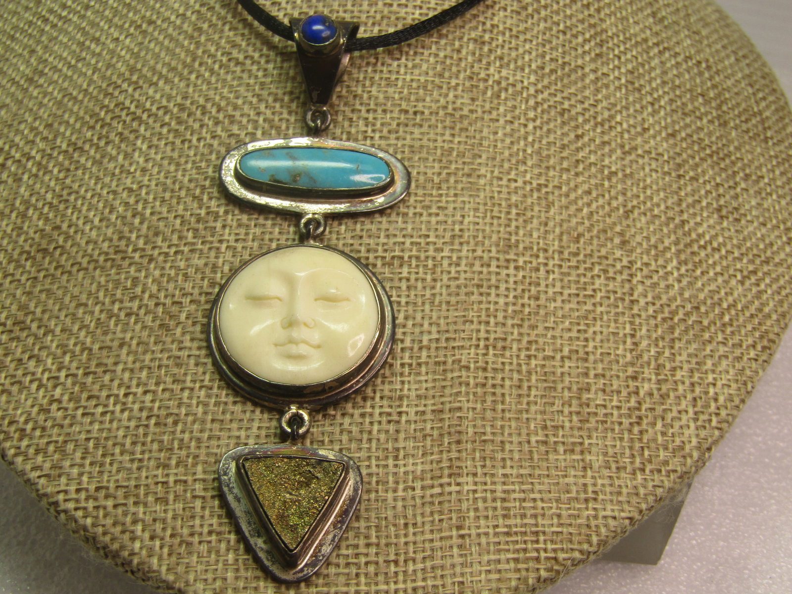 Vintage Sterling Moonface, Turquoise, Lapis Lazuli, Druzy Pendant/Necklace, 17"-19", 1980's - 2
