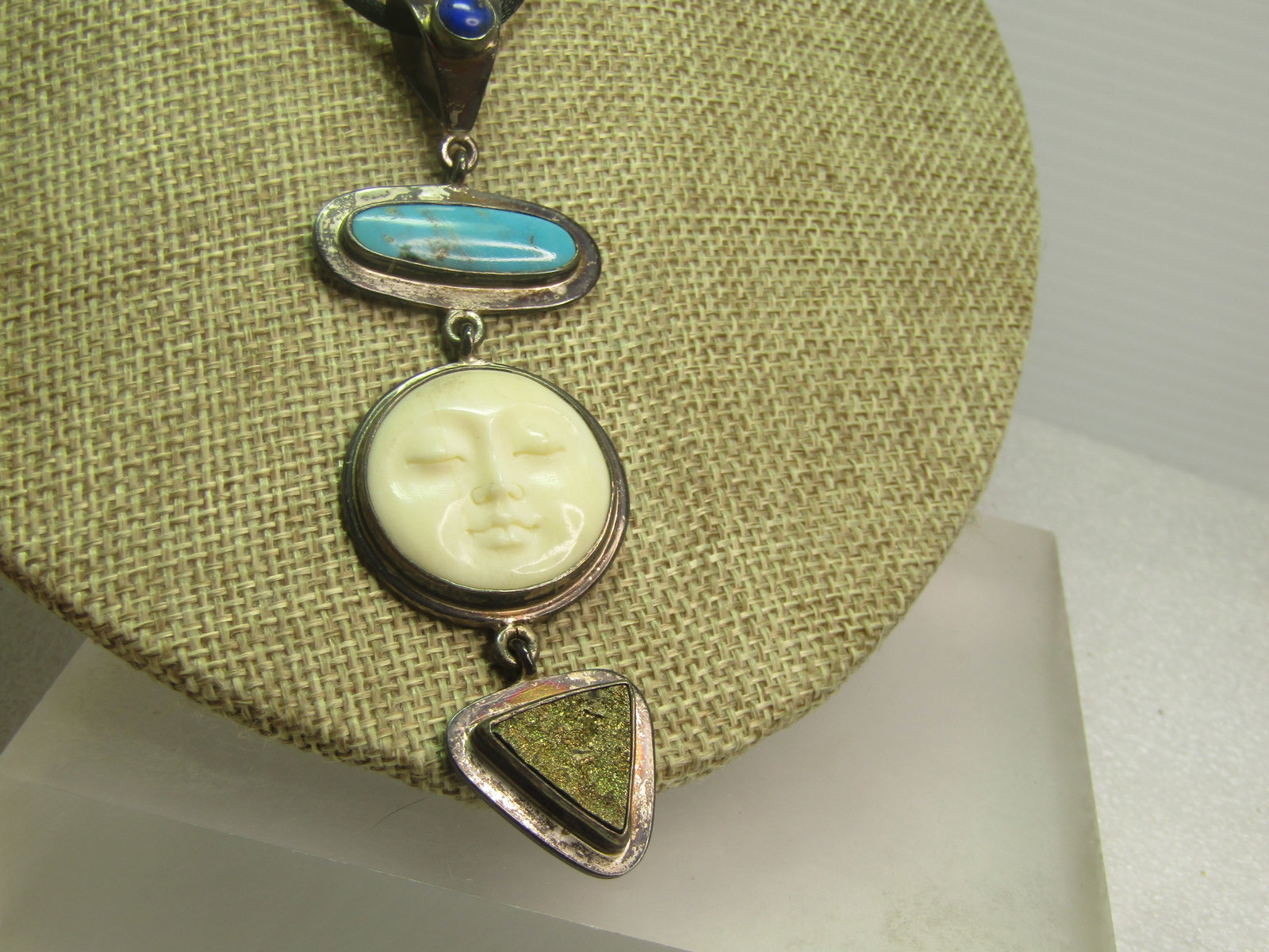Vintage Sterling Moonface, Turquoise, Lapis Lazuli, Druzy Pendant/Necklace, 17"-19", 1980's - 3