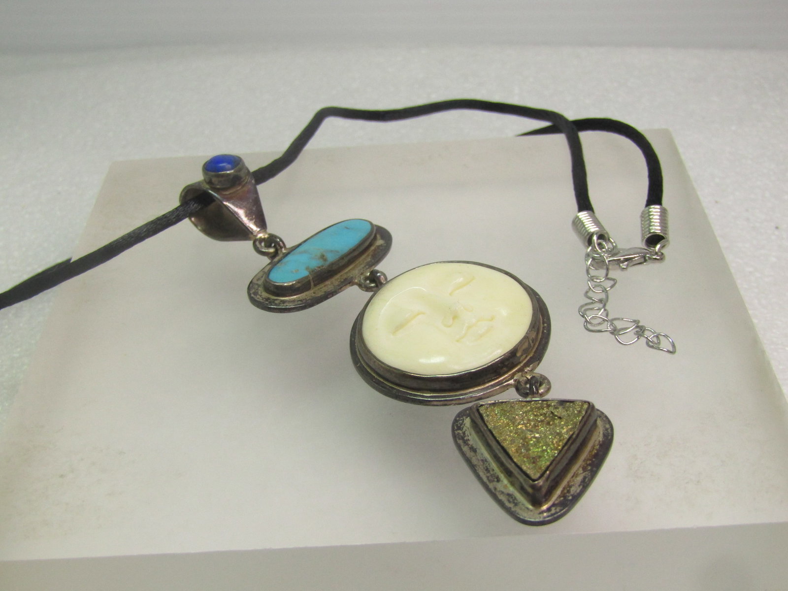 Vintage Sterling Moonface, Turquoise, Lapis Lazuli, Druzy Pendant/Necklace, 17"-19", 1980's - 5