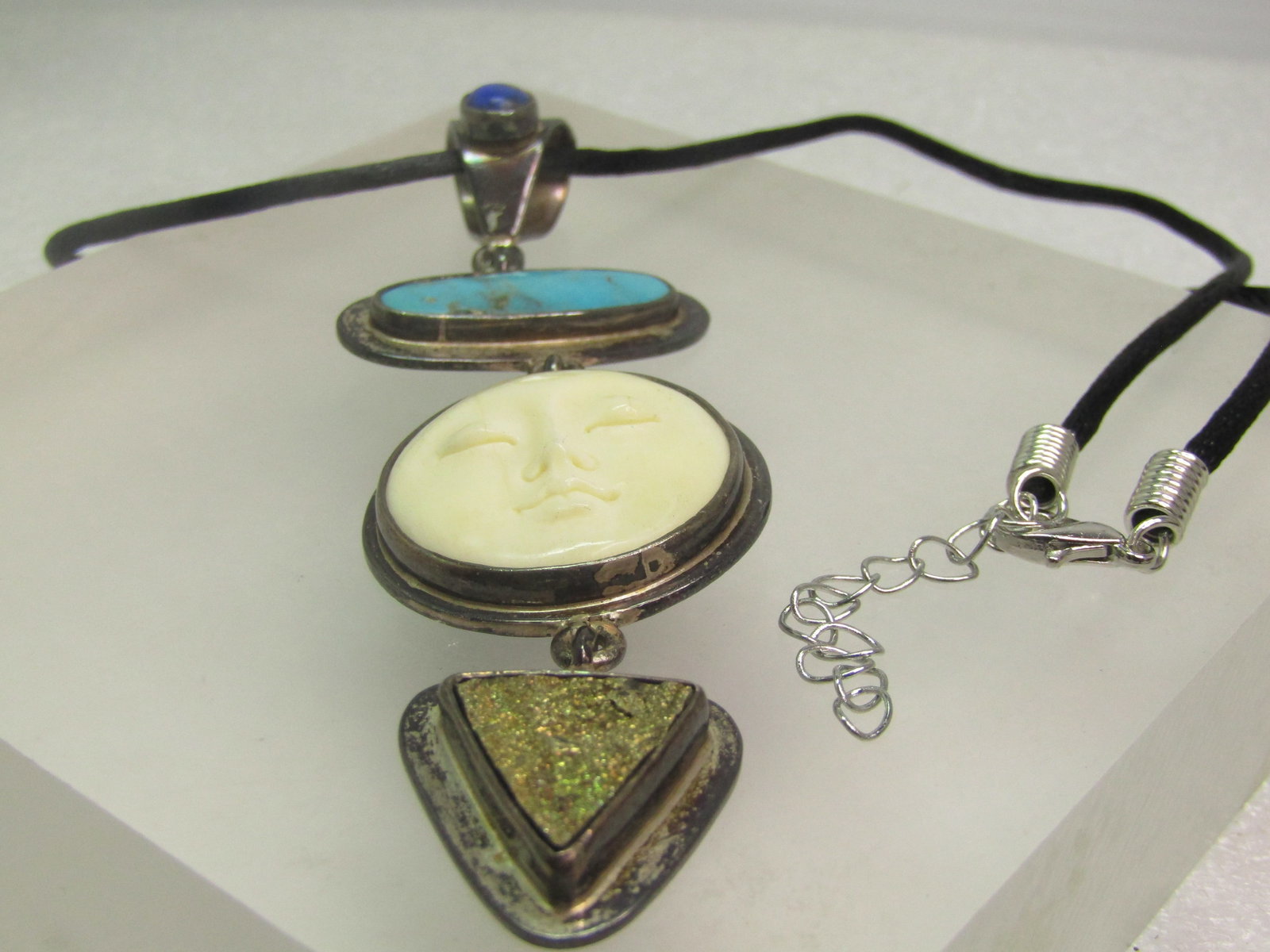 Vintage Sterling Moonface, Turquoise, Lapis Lazuli, Druzy Pendant/Necklace, 17"-19", 1980's - 6