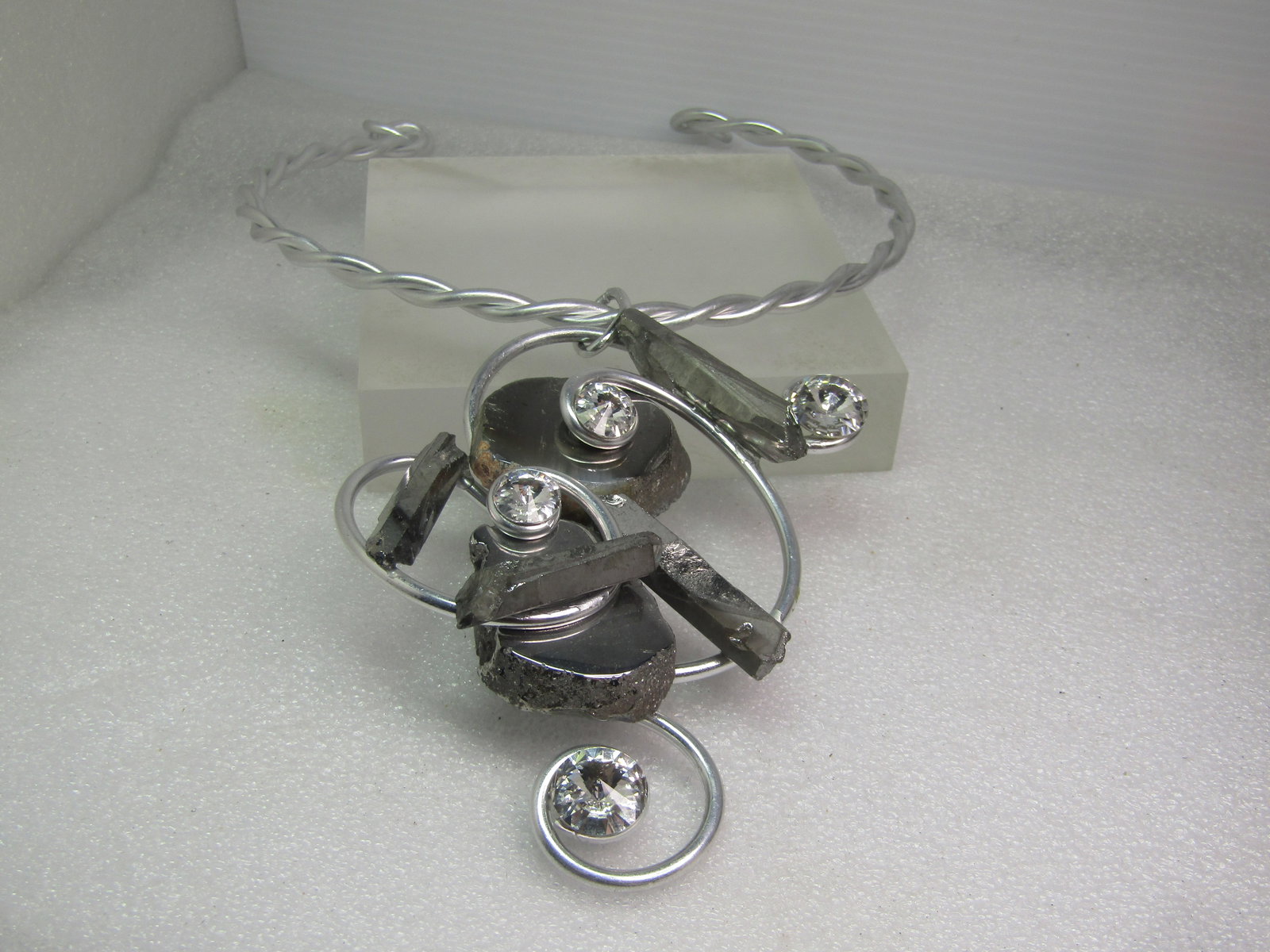 Vintage Jeff Lieb Twisted Collar Art/Mod/Abstract Necklace, 15", Pyrite, Crystals, 1970's-1990's - 5
