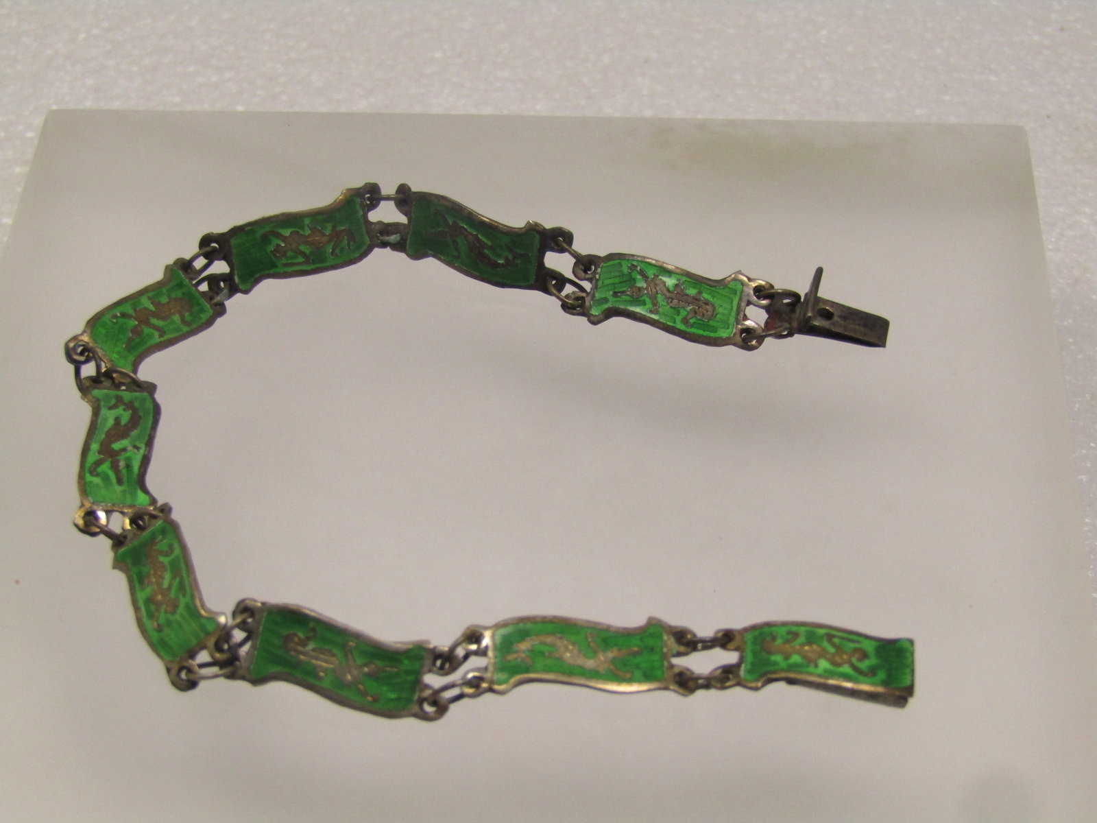Vintage Sterling Siam Goddess Bracelet, Green Enameled Links, 7.25" 1930's-1960's - 2