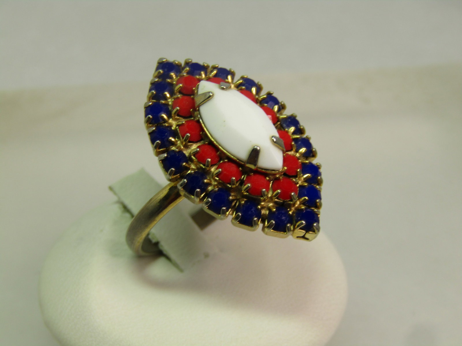 Vintage Red/White/Blue Glass Stone Ring, Adjustable to Sz. 6, 1960's-1970's - 2