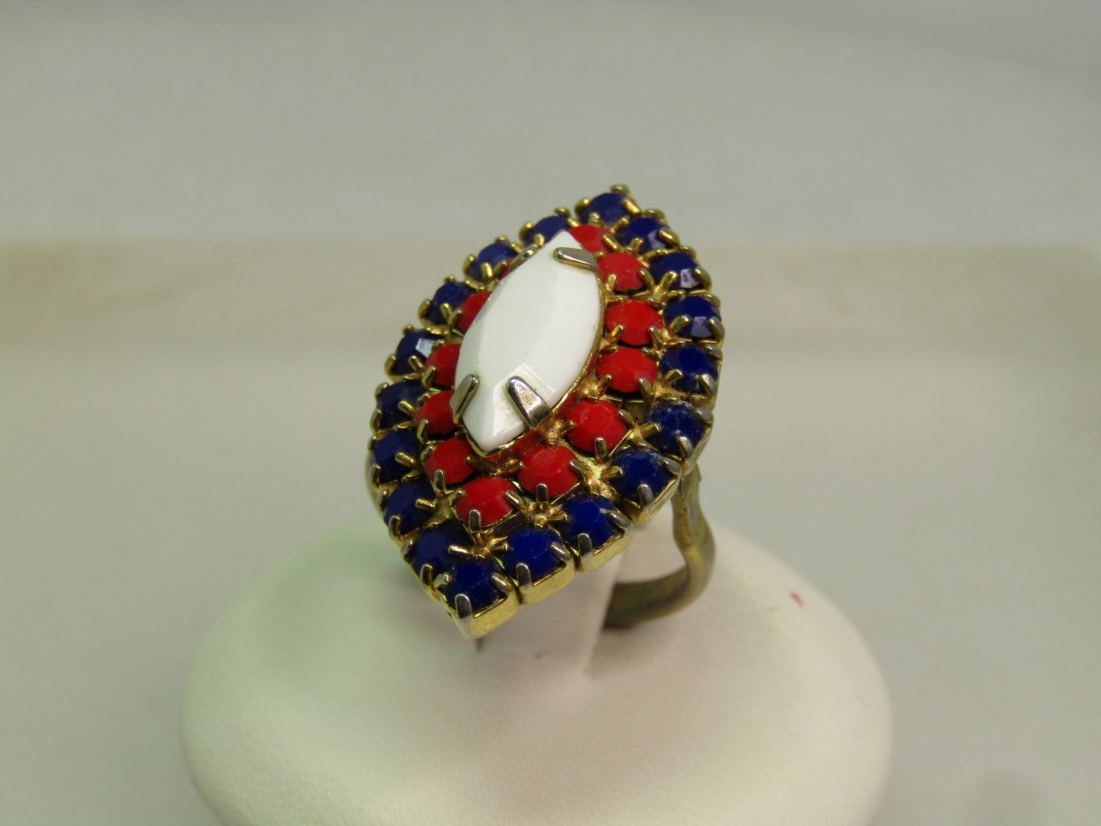 Vintage Red/White/Blue Glass Stone Ring, Adjustable to Sz. 6, 1960's-1970's - 3